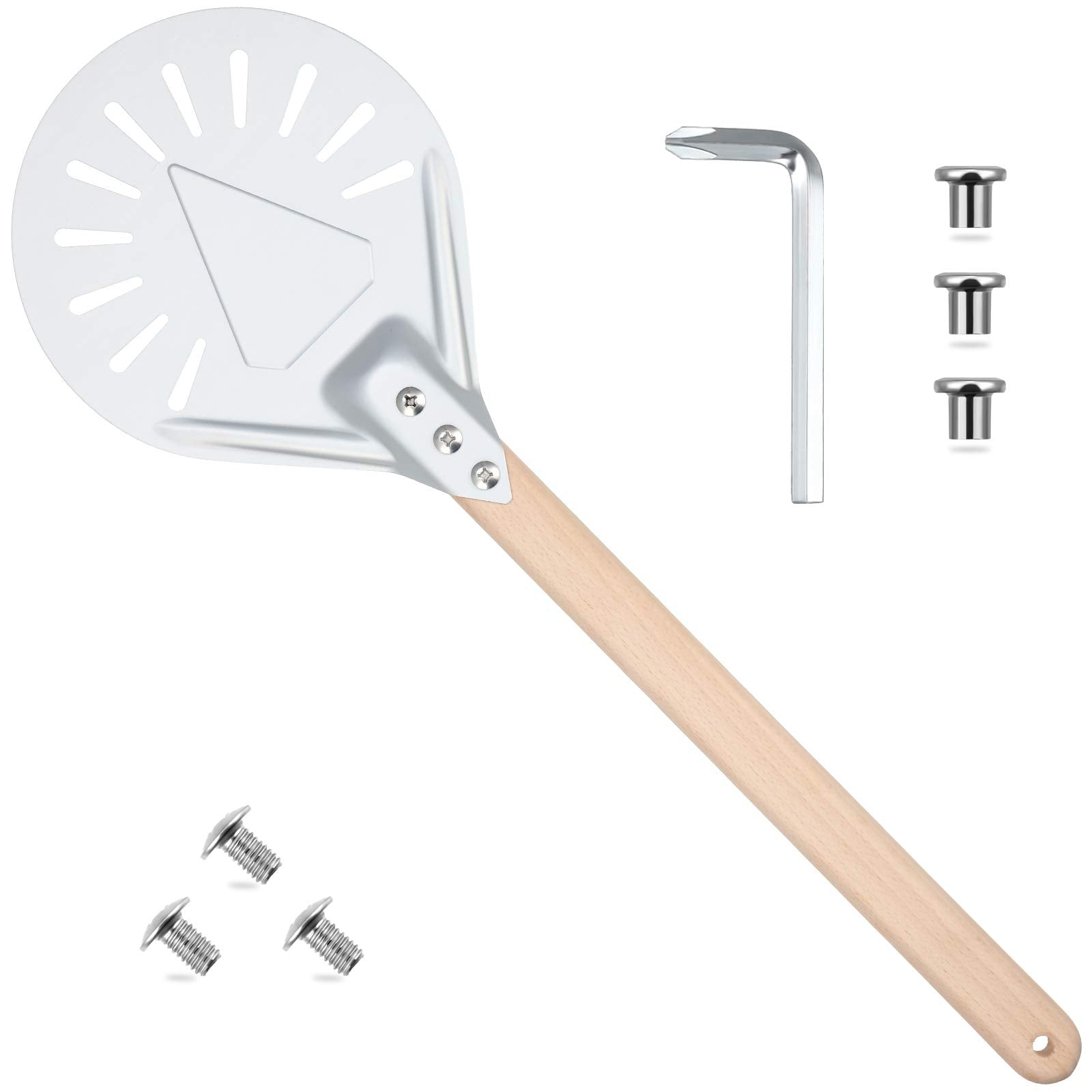 Round Perforated Pizza Peel Non-Slip Durable Aluminum Turning Peel Pizza Paddle With 16 Inch Anti-Scalding Wooden Handle For Hom