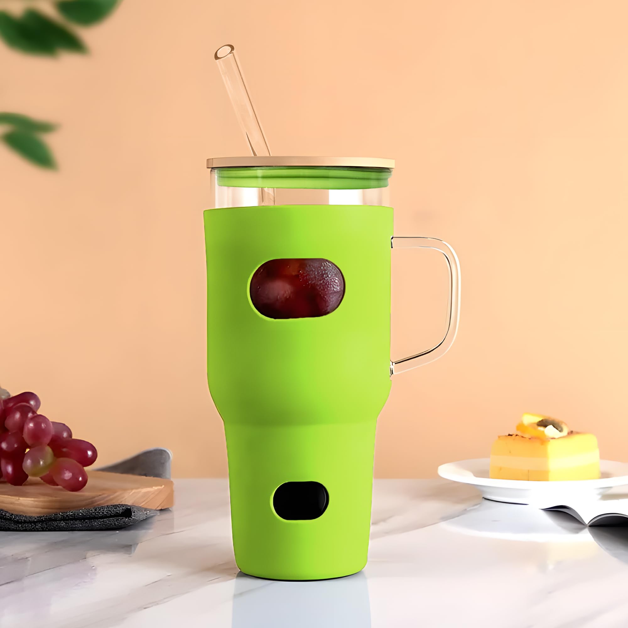 The Better Home Borosilicate Glass Tumbler With Bamboo Lid, Glass Straw | Green Anti Slip Silicone Sleeve | Lightweight & Leak-P