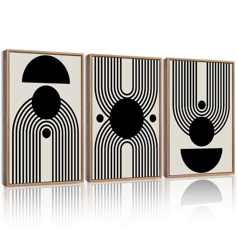Kuvioke Black Abstract Framed Wall Art Minimalist Geometry Lines Painting Artwork For Living Room Bedroom 16X24In (Natural Frame
