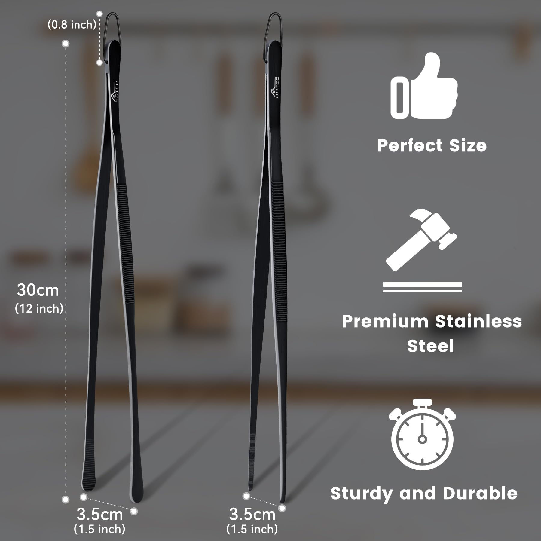HOTEC 12-Inch Stainless Steel Kitchen Tweezers Set of 2 - Black with Hook, Professional Tongs for Cooking, Grill, and Baking