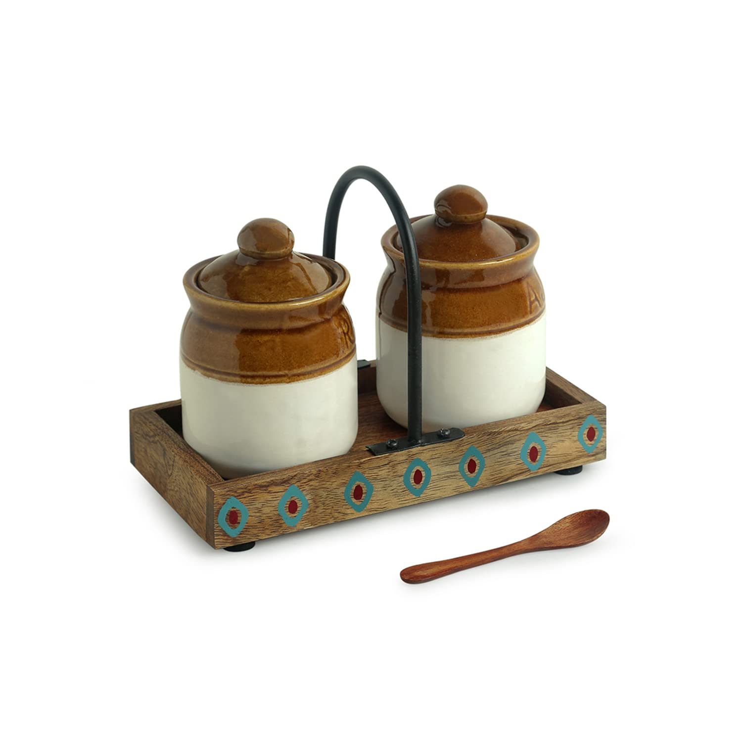 Exclusivelane Old Fashioned Martaban Indian Pickle Jars With Lids & Wooden Tray Traditional Indian Style Pickle Container For Di
