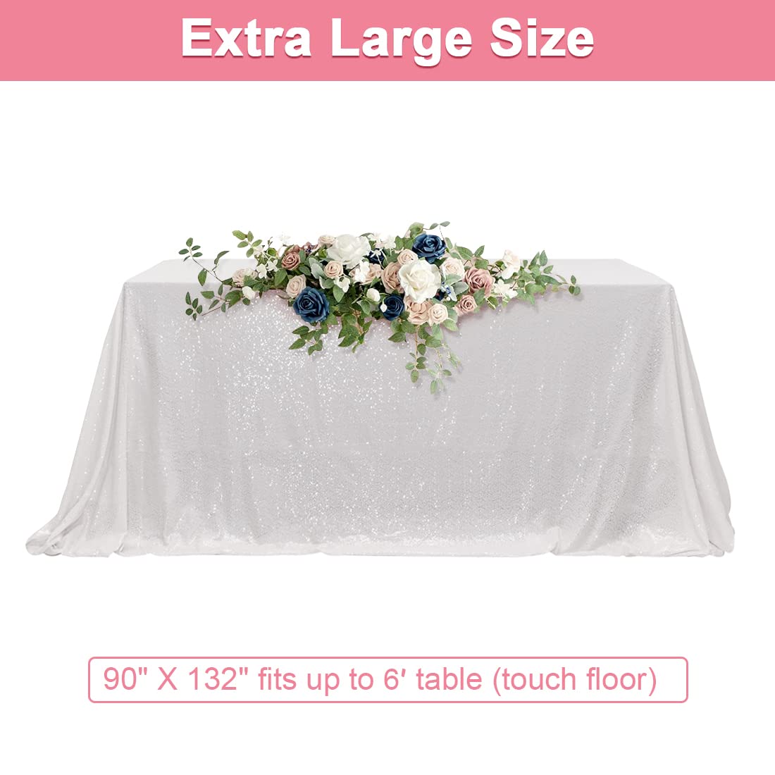 Partydelight Sequin Tablecloth, Wedding, Table Topper, Rectangular, 90''X132'', White