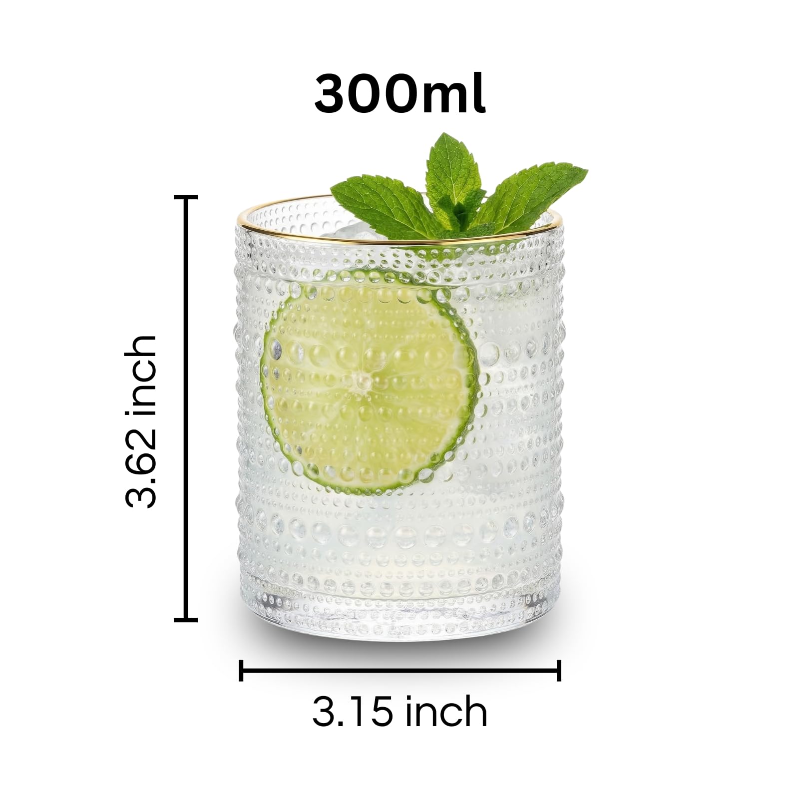 Clear Gold Rim Hobnail Glass Set, 6 Piece 10oz Transparent