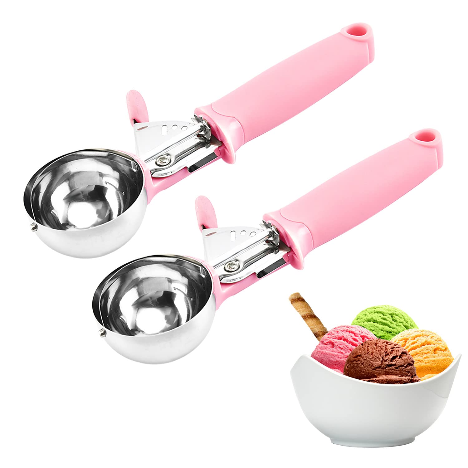 2 Pack Ice Cream Scoop Cookie Dough Scoop With Trigger Pink Handle For Cookie Dough Cupcake Batter Ice Cream Portion Control (Pi