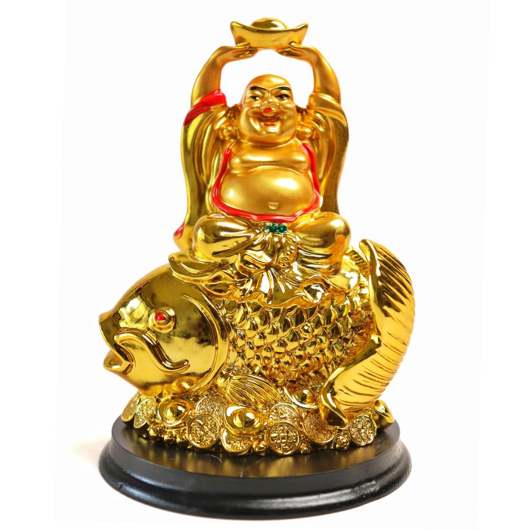 The Spiritual Living Golden Laughing Buddha Idol On Arowana Fish | 4 Inch | Feng Shui Statue For Prosperity, Wealth & Career Gro