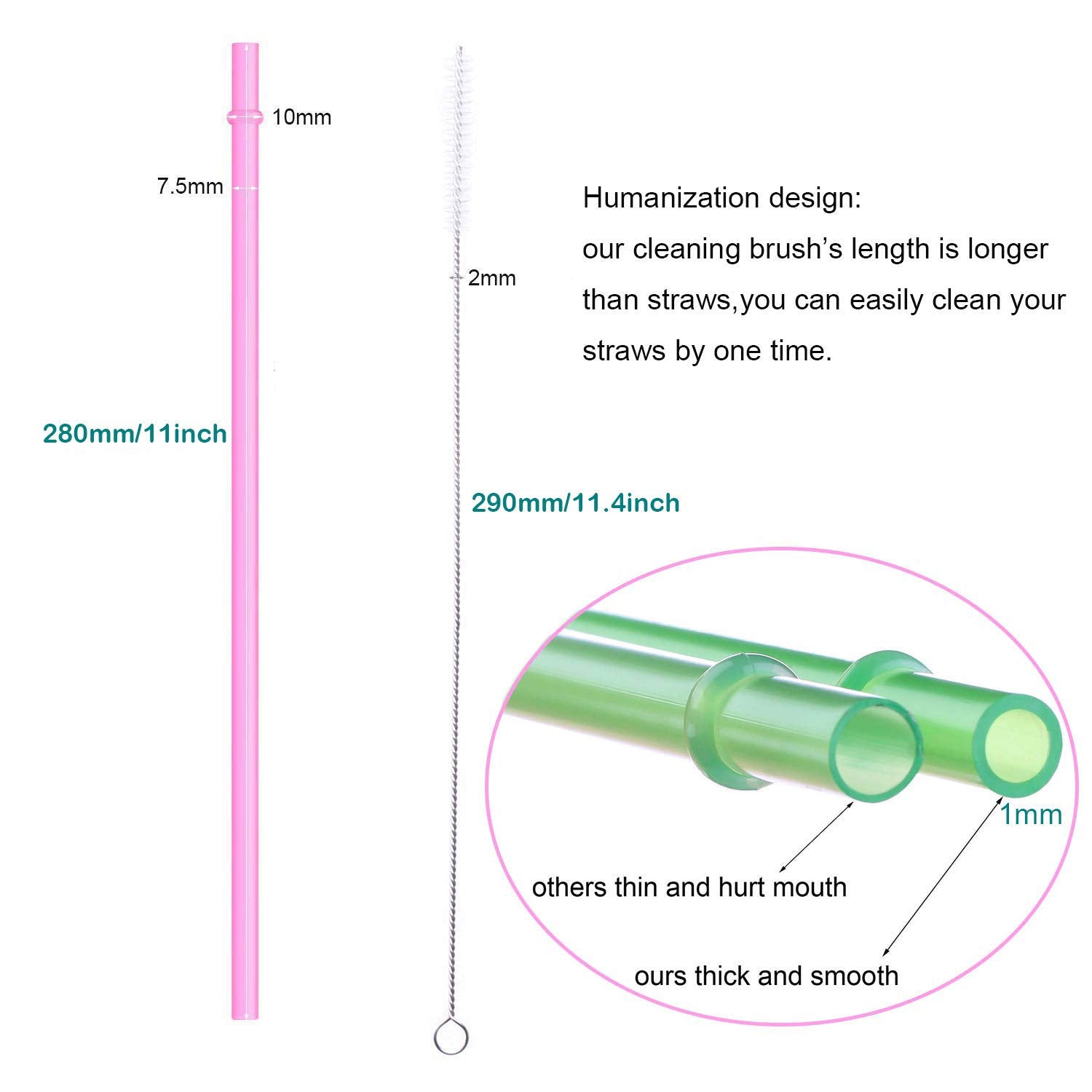 Dakoufish 12 Piece 11 Inch Reusable Plastic Thick Drinking Straws Bpa Free Mason Jar Straws Plain Color (11Inch,Rose)