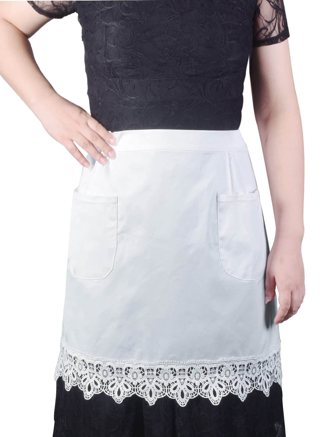 Cotton White Lace Kitchen Waist Apron With Two Pockets Cosplay Costume