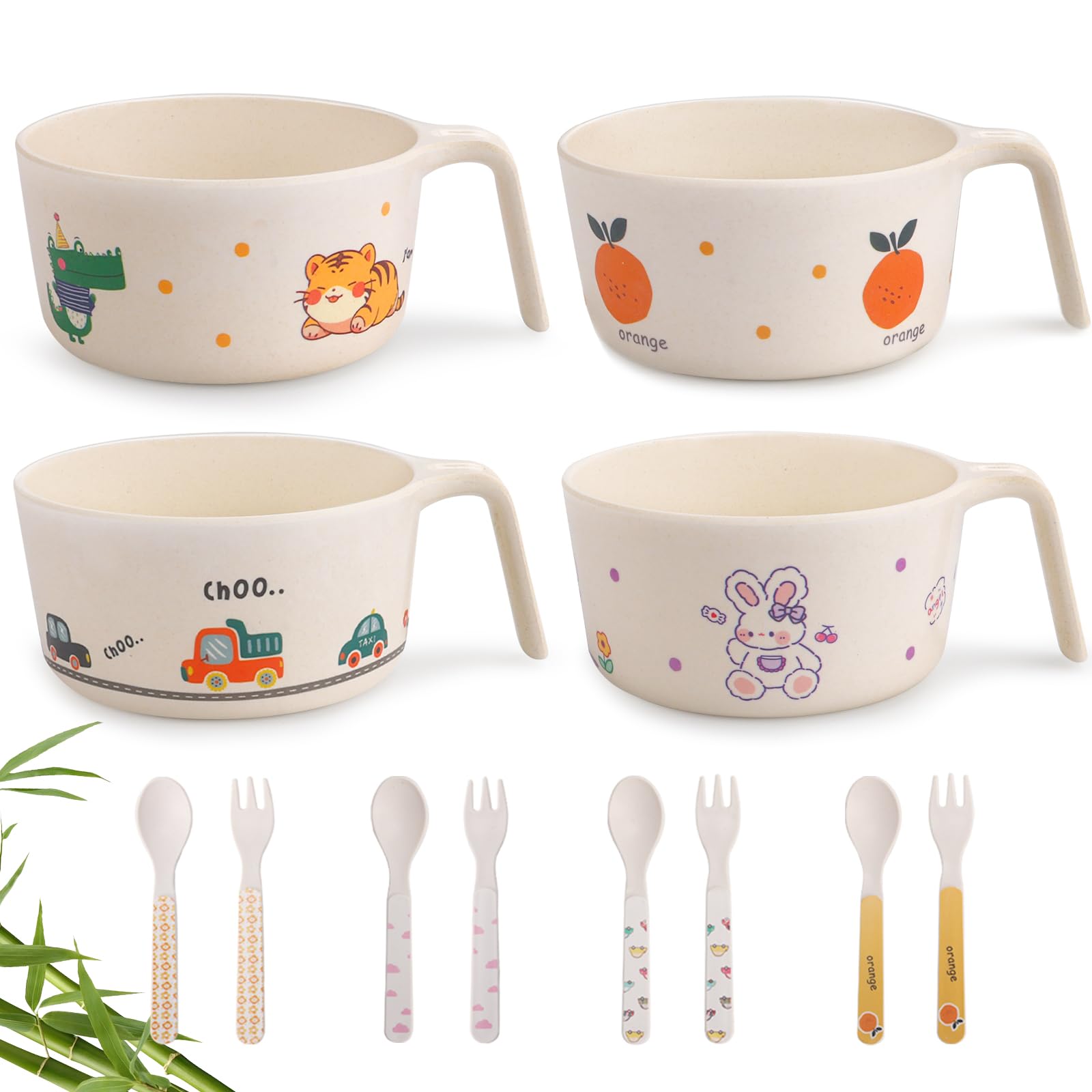 shopwithgreen Bamboo Kids Bowls Set, 4 Reusable Small Bowls for Baby Toddlers, Dinnerware Cereal Snack Soup Rice Bowl with 4 Spo