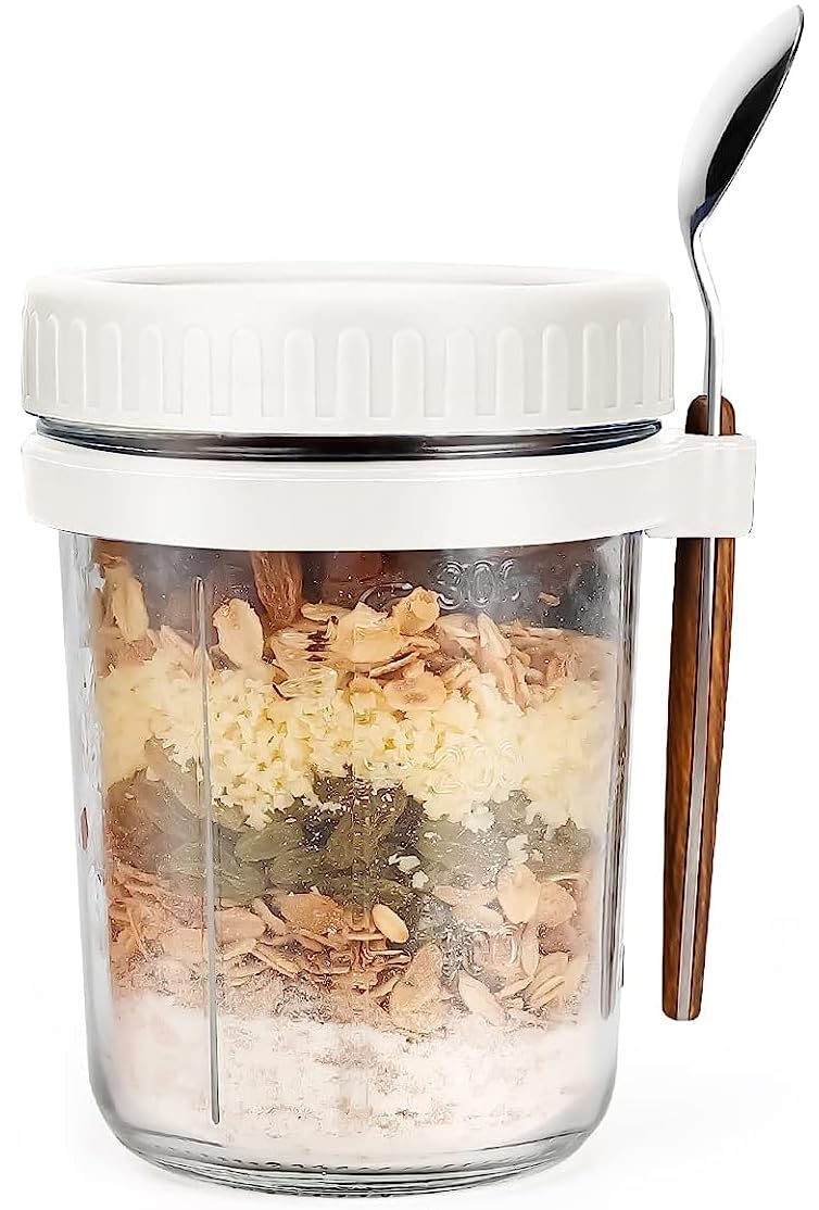 Seedware 300 Ml Overnight Oats Containers With Lids And Spoons,Glass Mason Overnight Oats Jars, Large Capacity Airtight Jars For