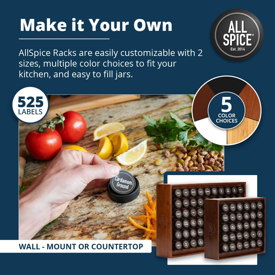 AllSpice Wood Spice Rack, Includes 30 4oz Jars- Walnut Stain