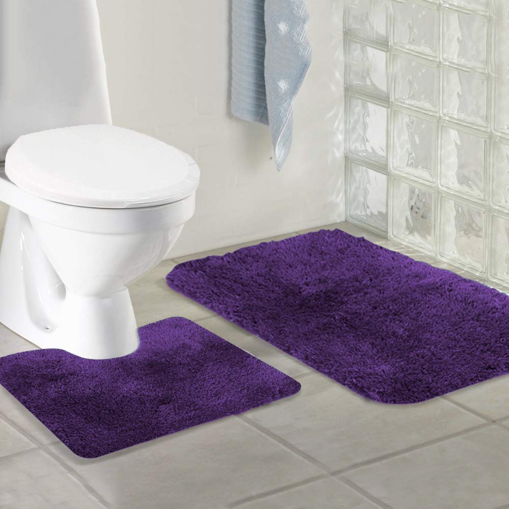 Walensee Shaggy 2 Piece Bath Rug Sets (Dark Purple) 20 X 24 U Shape Contour Rug & 20 X 32 Bathroom Rug Machine Wash/Dry Bath Mat