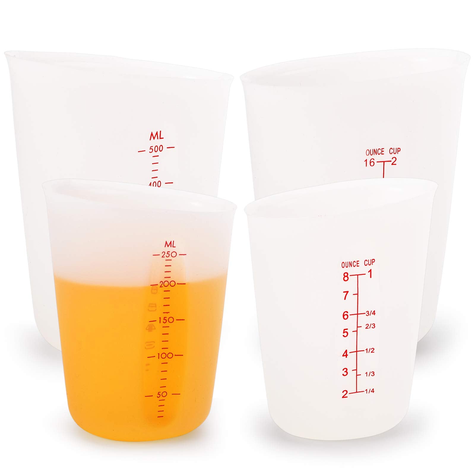 Hedume Set Of 4 Silicone Flexible Measuring Cups With Marking, 2 Pack 8 Ounces(1-Cup) And 2 Pack 16 Ounces(2-Cup) Squeeze And Po