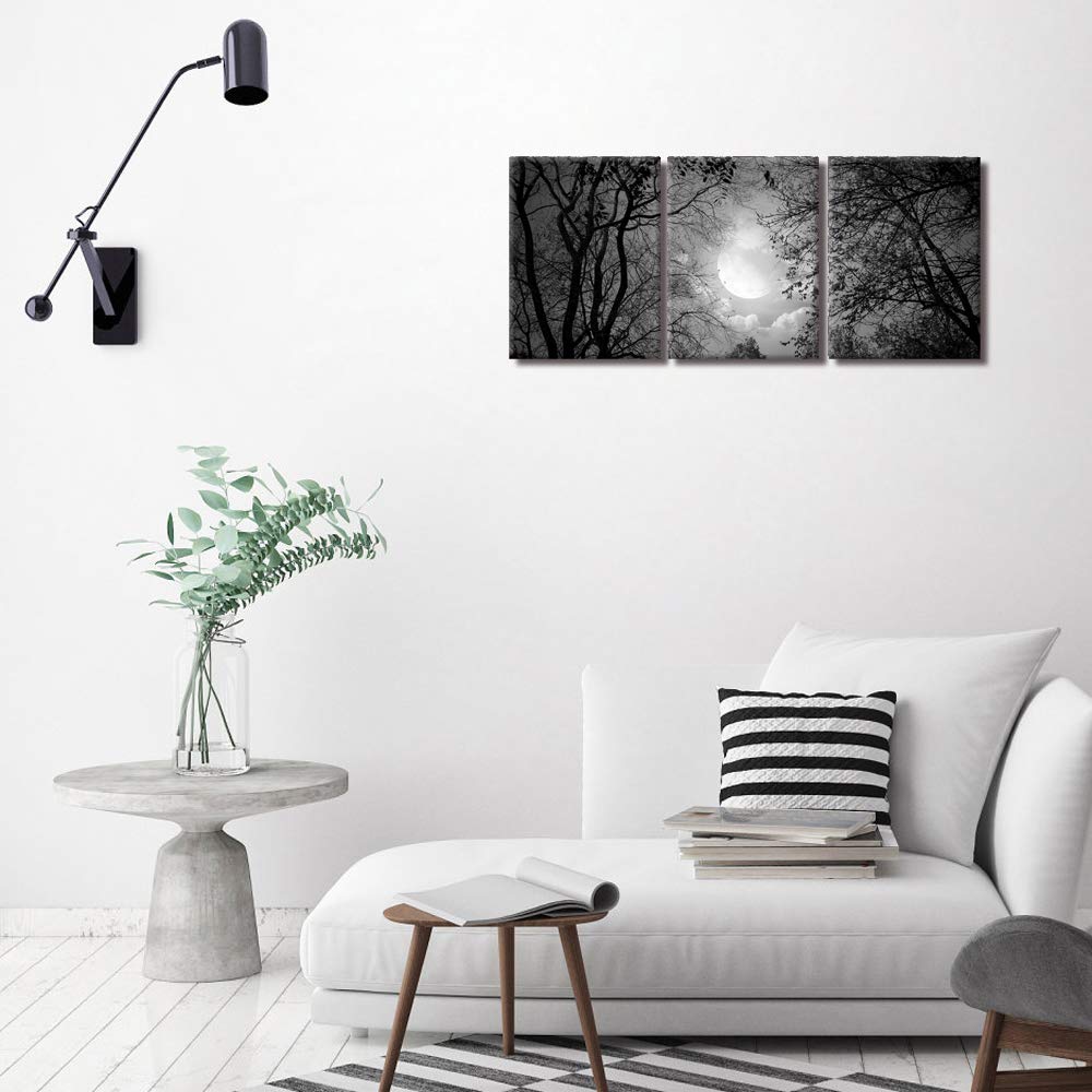 Visual Art Decor Black and White Full Moon Forest Trees Picture Goth Room Decor Canvas Wall Art Framed Artwork Gothic Home Decor Living Room Bedroom Home Office Decoration 3 Piece