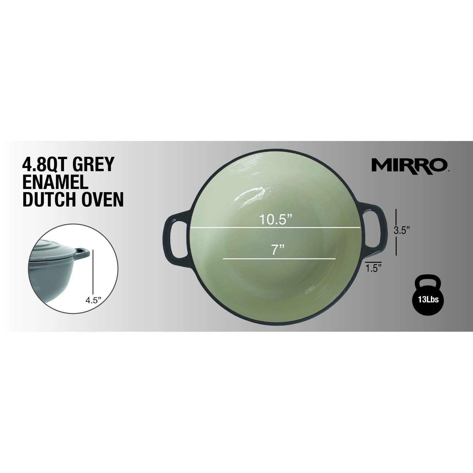 Mirro Mir-19059 4.8 Quart Cast Iron White Enamel Coated Interior Dutch Oven, Grey, Ready To Use