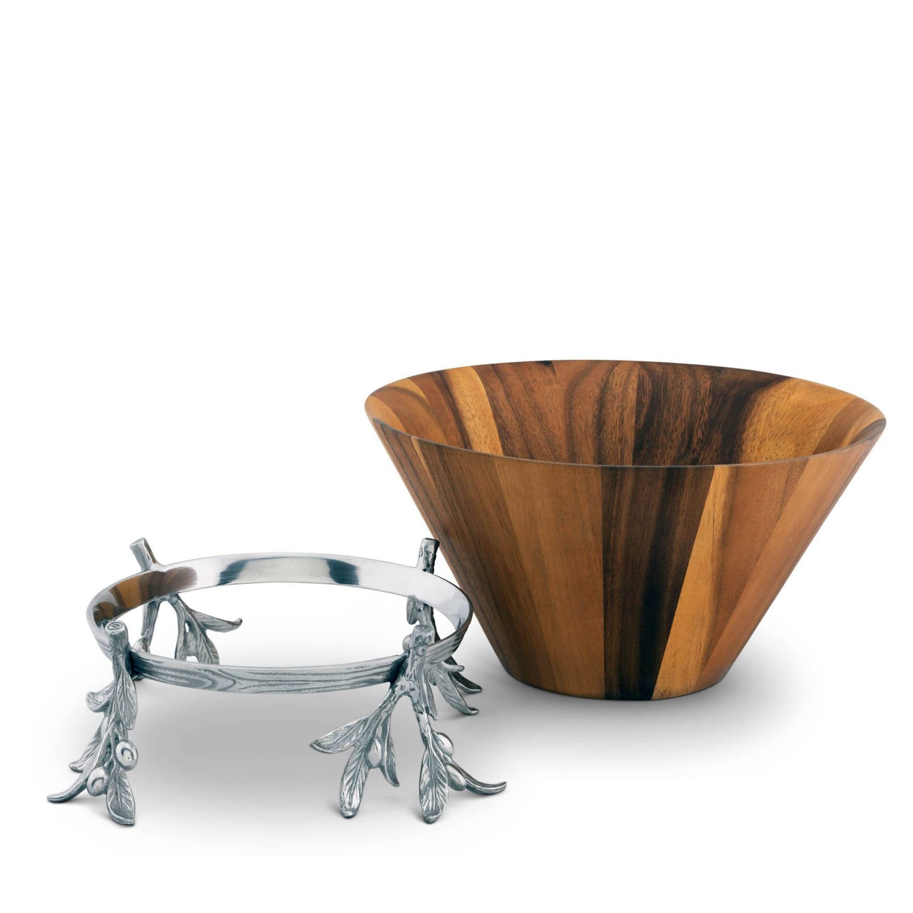 Arthur Court Acacia Wood Salad Bowl In Metal Stand, Sand-Cast Aluminum Stand In Olive Pattern 8 Inch Tall 12 Inch Dia