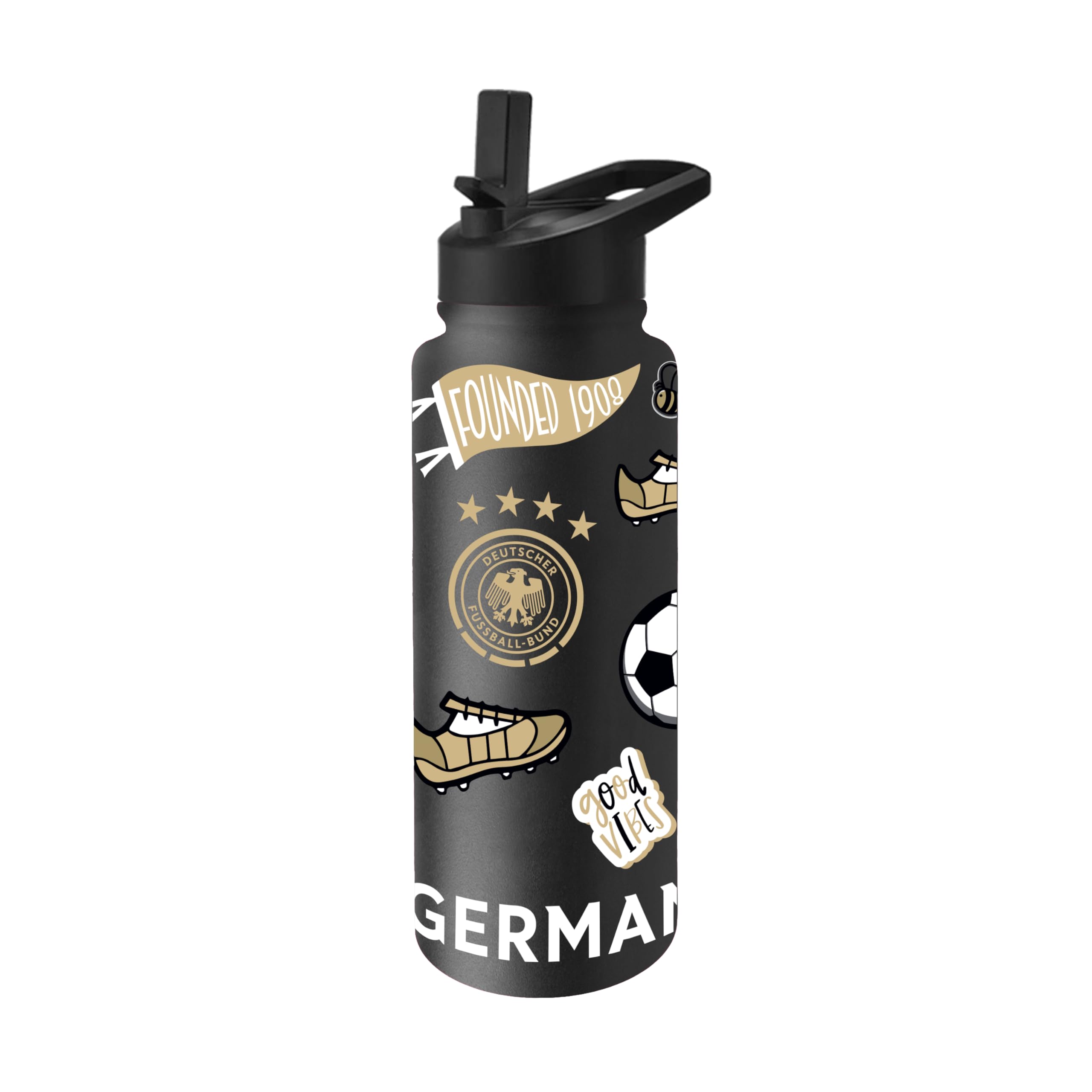 Logo Brands Germany Mens National Soccer Native 34 oz Quencher Water Bottle AllOver Country Icons Design, DoubleWall Insulat
