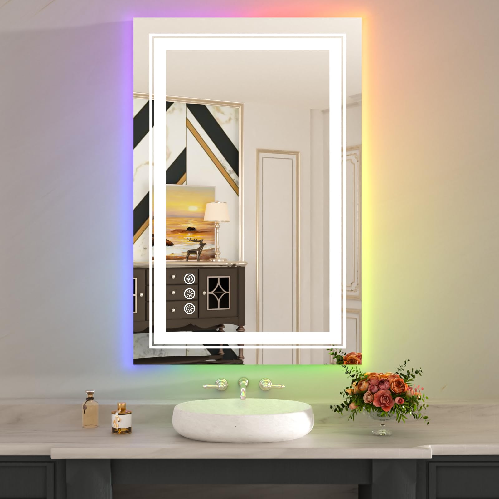Wtty Led Bathroom Mirror 24''X32'' With Rgb Backlit And 3 Front Light,Stepless Dimmable Led Mirror For Bathroom,Lighted Bathroom