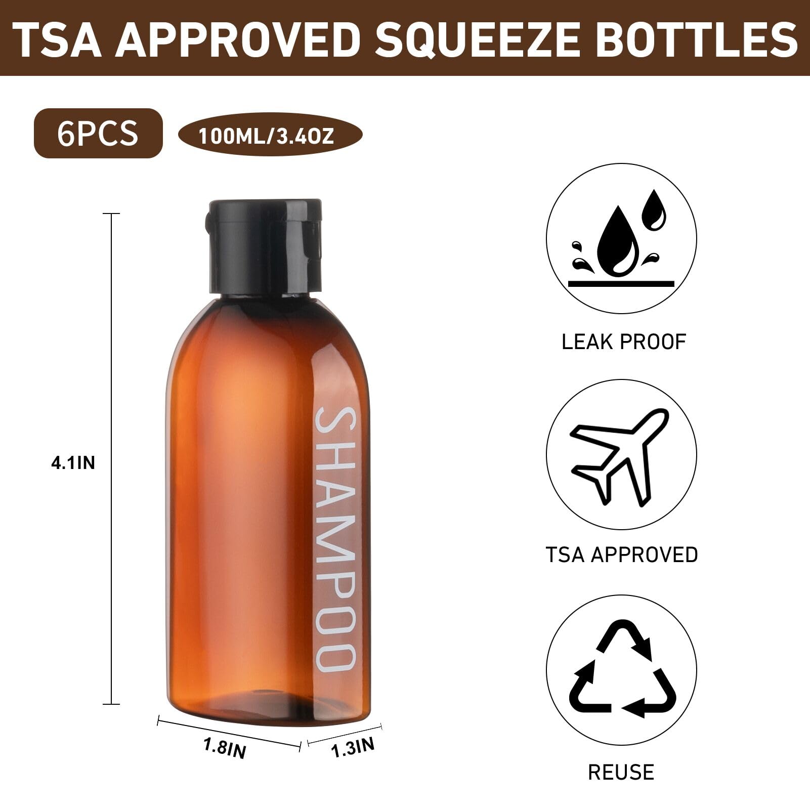 Travel Bottles For Toiletries 6 Pcs 3.4Oz/100Ml Travel Size Containers Plastic Lotion Bottles Tsa Approved Leak Proof Squeeze Bo