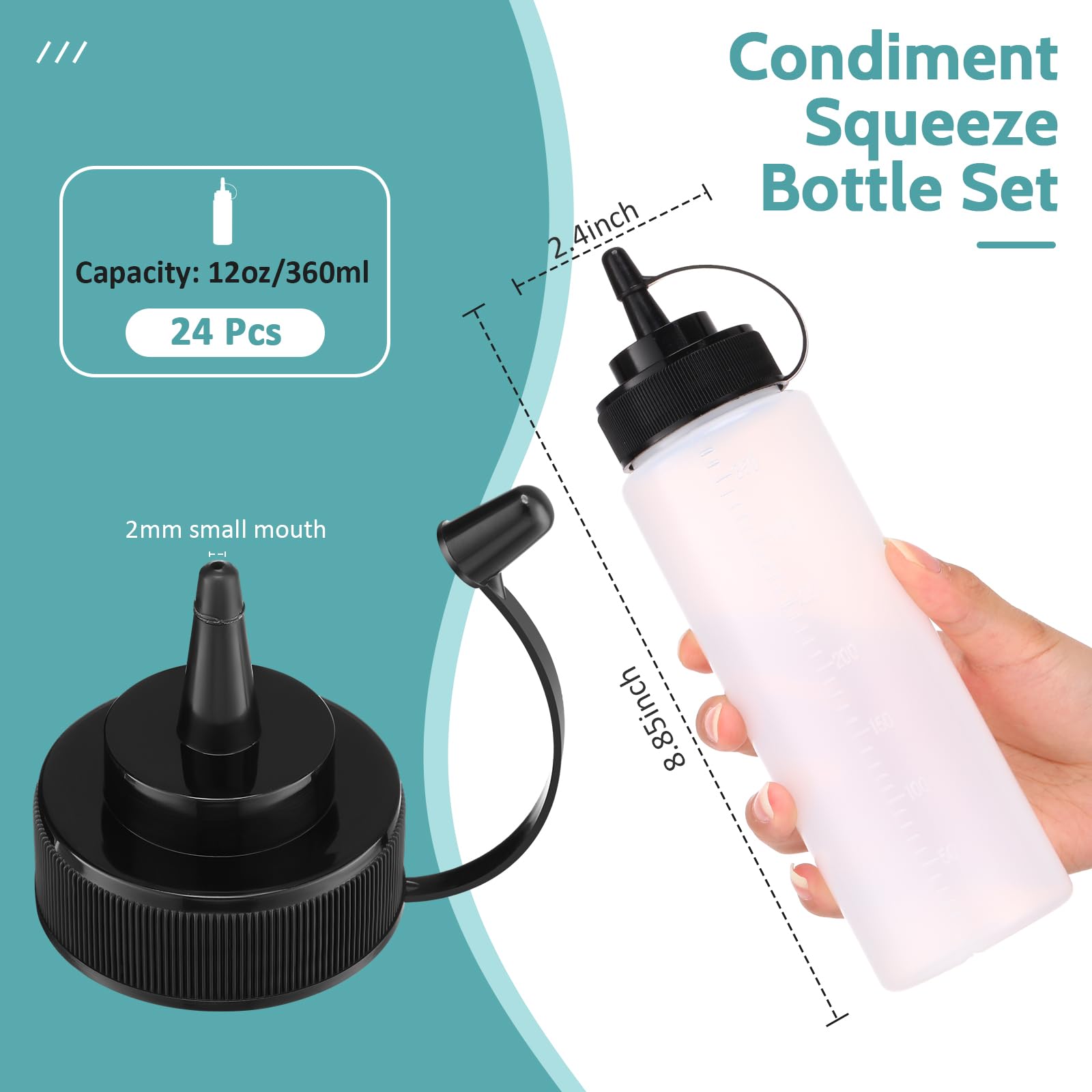 Dandat 24 Pcs Clear Ketchup Squeeze Bottles 12Oz Plastic Condiment Squeeze Bottle Bulk Reusable Squirt Bottle For Cooking With S