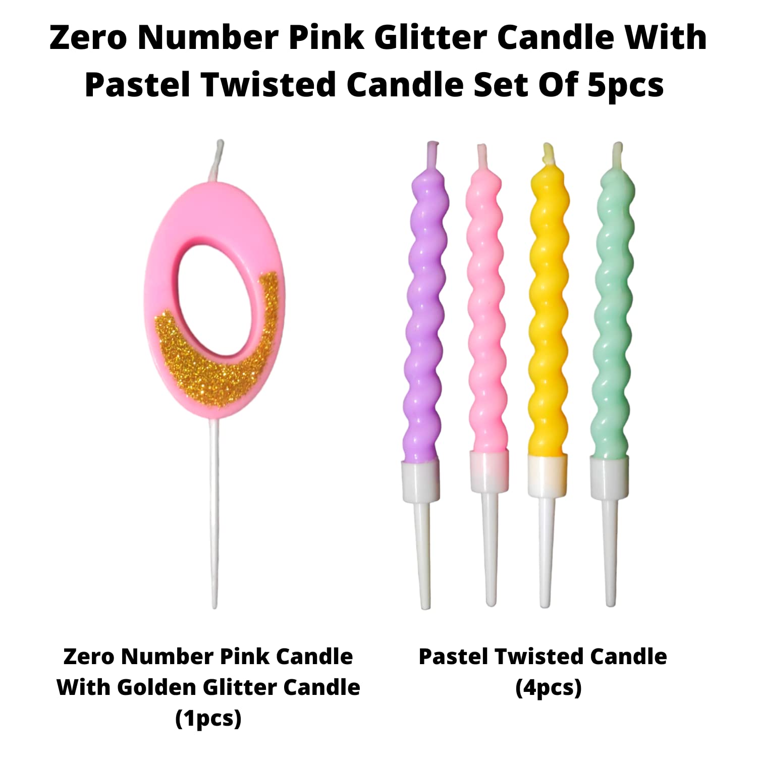 Party Decorz Number 0 Candle | Zero Number Candle | Zero Number Pink Glitter Candle with Pastel Twisted Candle Set of 5pcs for B
