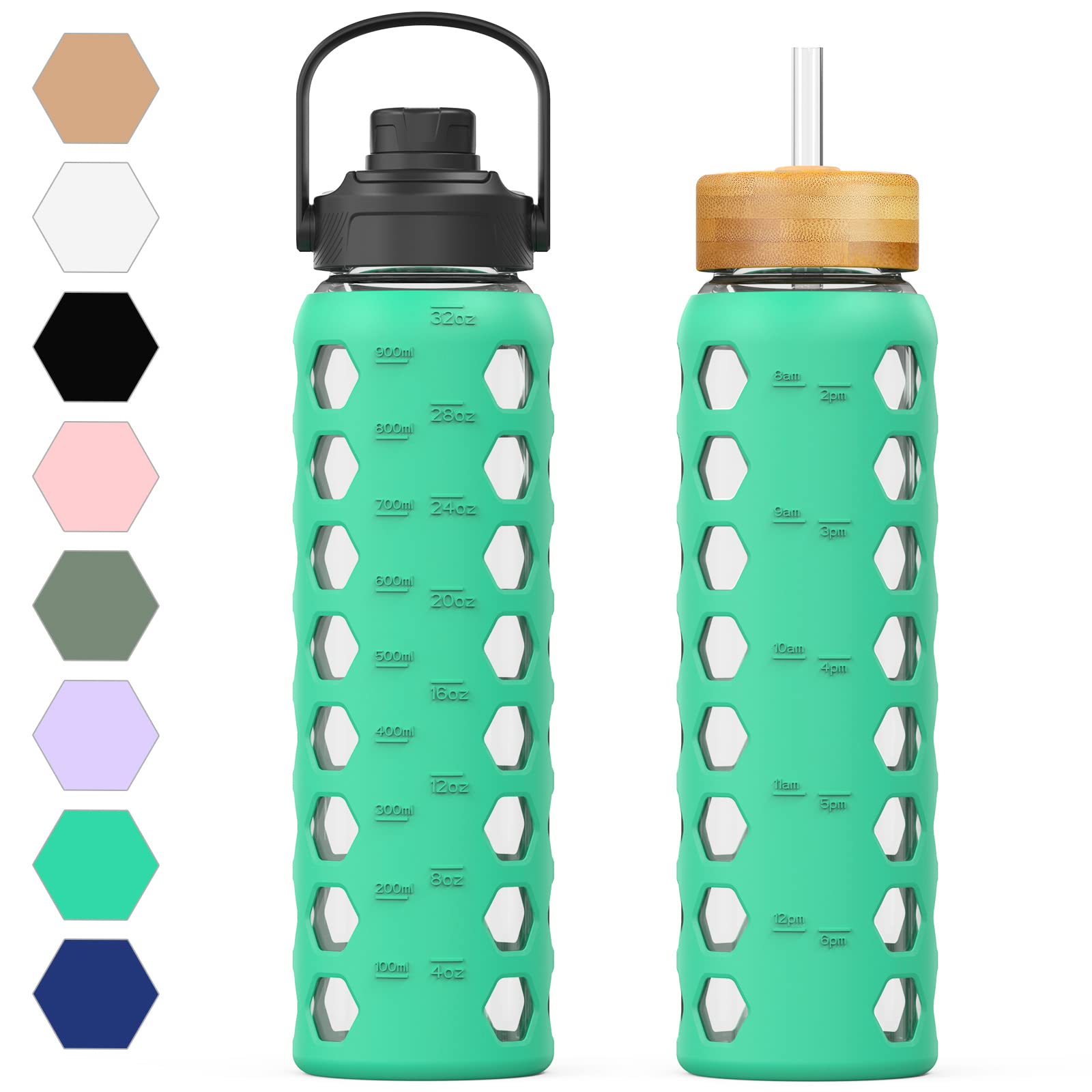 Mukoko 32Oz Glass Water Bottles With 2 Lids-Handle Spout Lid&Bamboo Straw Lid, Motivational Water Tumbler With Time Marker Remin