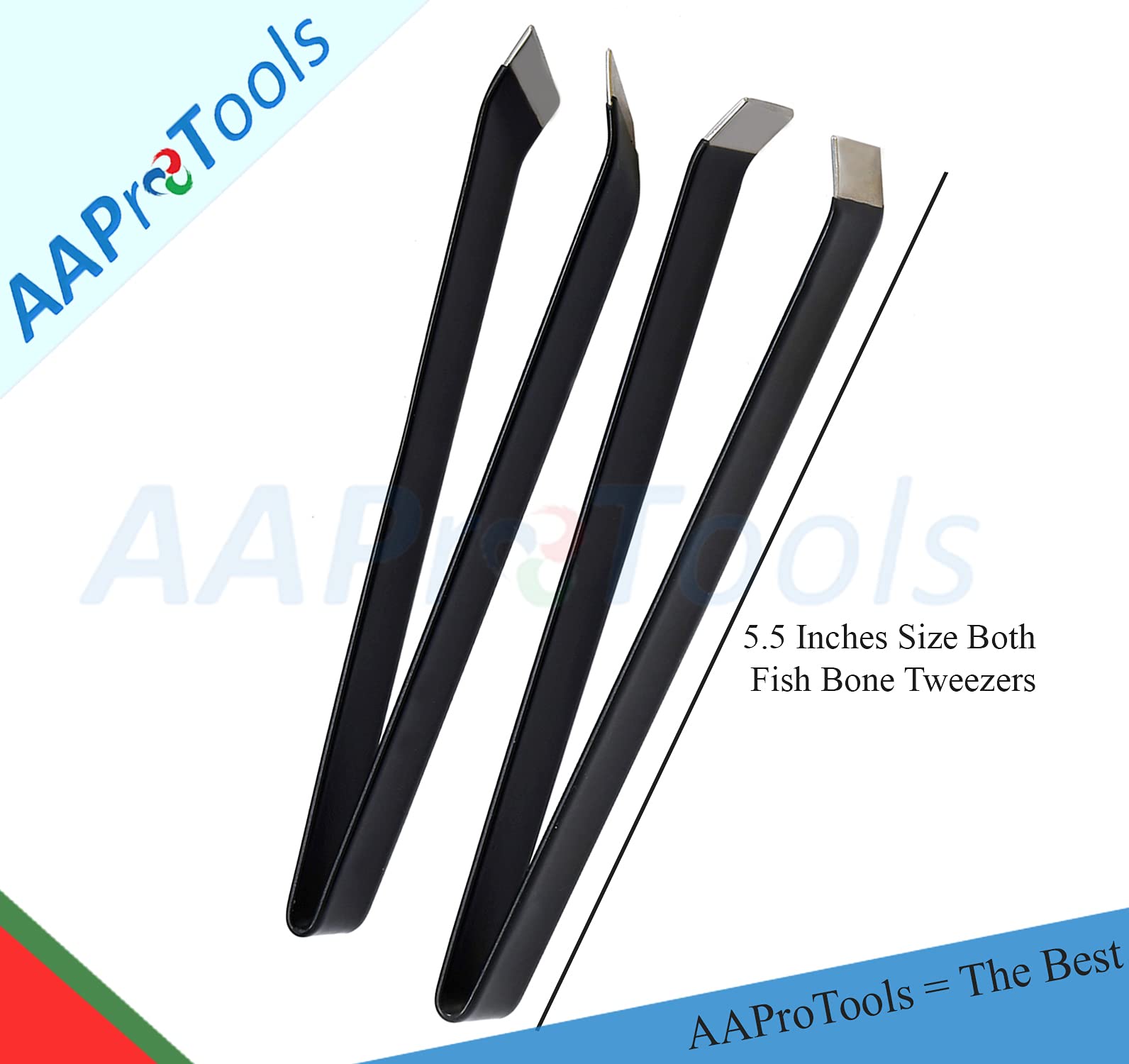 Aaprotools 5.5'' Tactical Black Fish Bone Tweezers Stainless Steel Flat And Slant Tip Tweezers Pliers Remover Tool