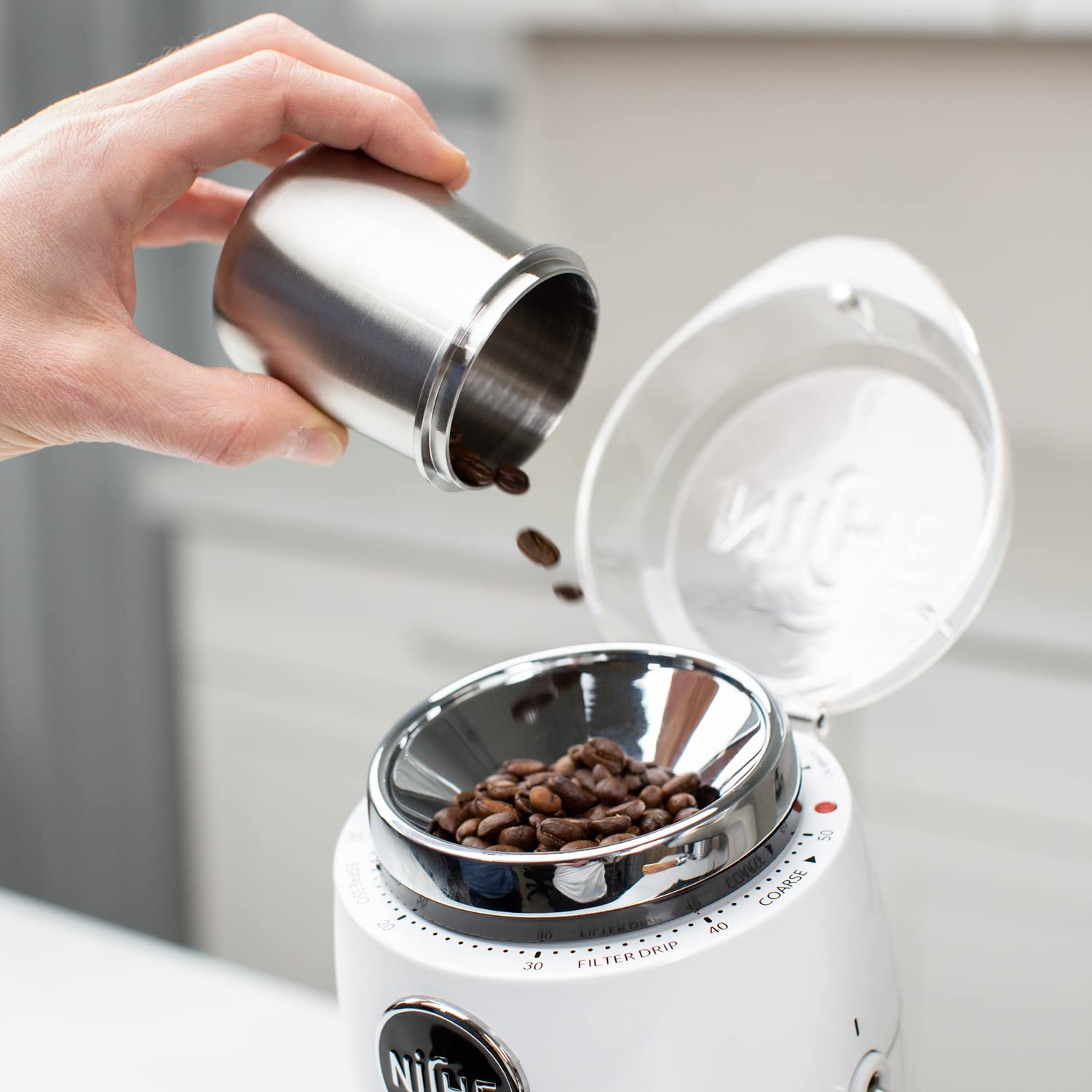 Silver 58Mm Dosing Cup | White | 100% Stainless Steel | Espresso Coffee Dosing Cup | Crema Coffee Products