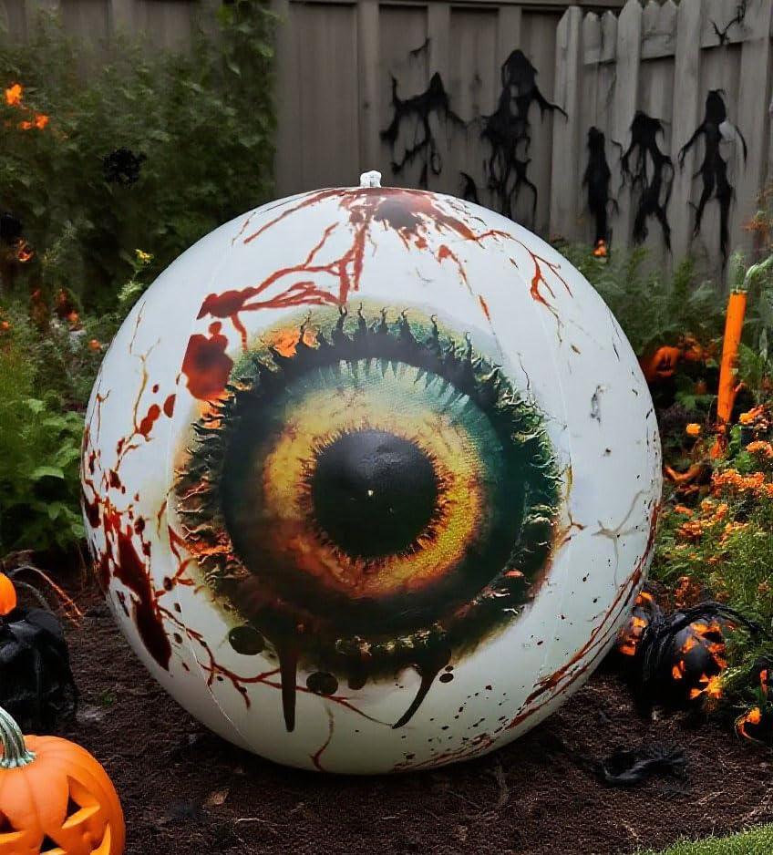 snatlly Halloween Inflatable Decoration 19.6 Bloody 3D Print Eyeball, White with Blood Splatter, Indoor Outdoor Spooky Yard Deco