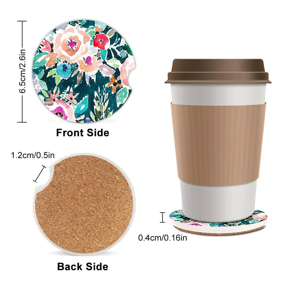 Water Color Floral Absorbent Cup Holders Car Coasters,Ceramic Stone Drinks Coaster Set For Women Man 2.56''(2 Pack)