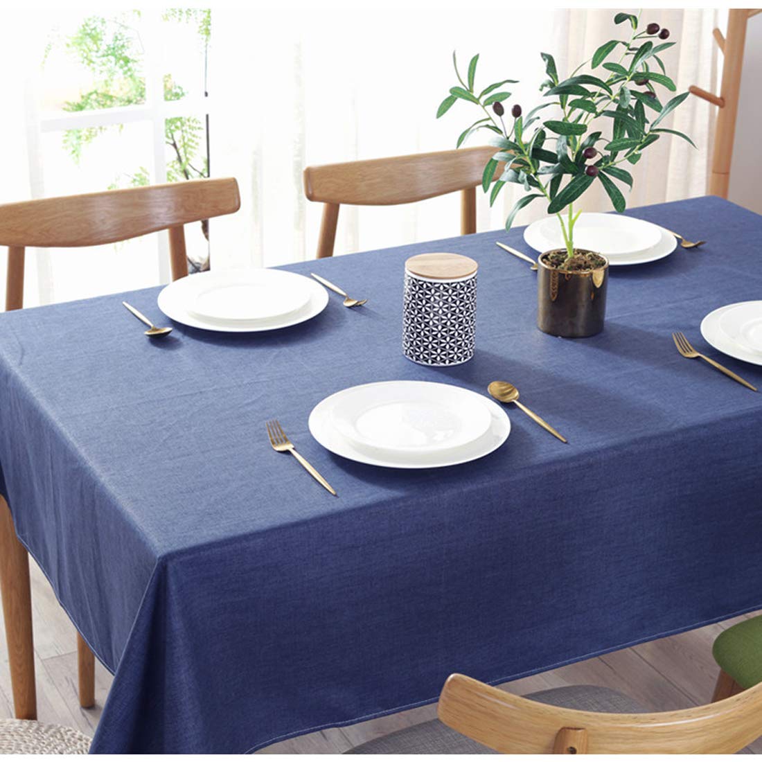 Bringsine Rustic Lattice Tablecloth Cotton Linen Grey Rectangle Table Cloths for Kitchen Dining  Party  Holiday  Christmas  Buffet(Rectangle/Oblong  53'' x 79''  Navy Blue)