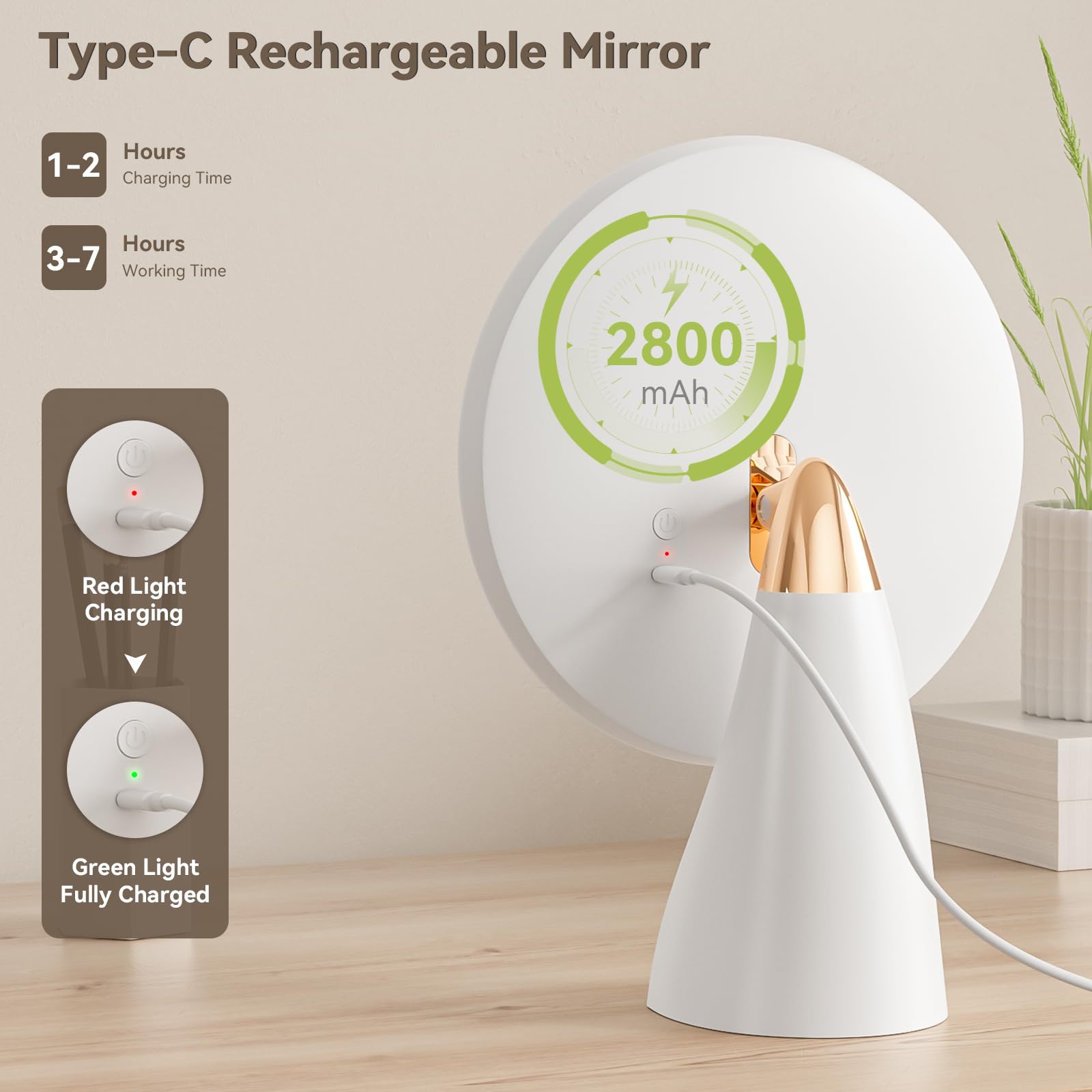 Kuflooq Lighted Makeup Mirror With Organizer, Rechargeable Tabletop Basics Makeup Mirror, Round Vanity Mirror With Lights, 3 Col