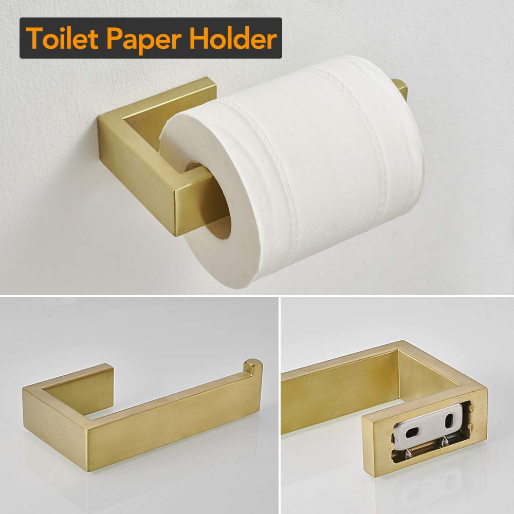 BESy 4 Piece Bathroom Accessories Set (Towel Bar  Hand Towel Holder Towel Ring  Toilet Paper Holder  Double Towel Hook)  Wall Mounted Bath Hardware Accessory Fixtures Set  Stainless Steel/Brushed Gold