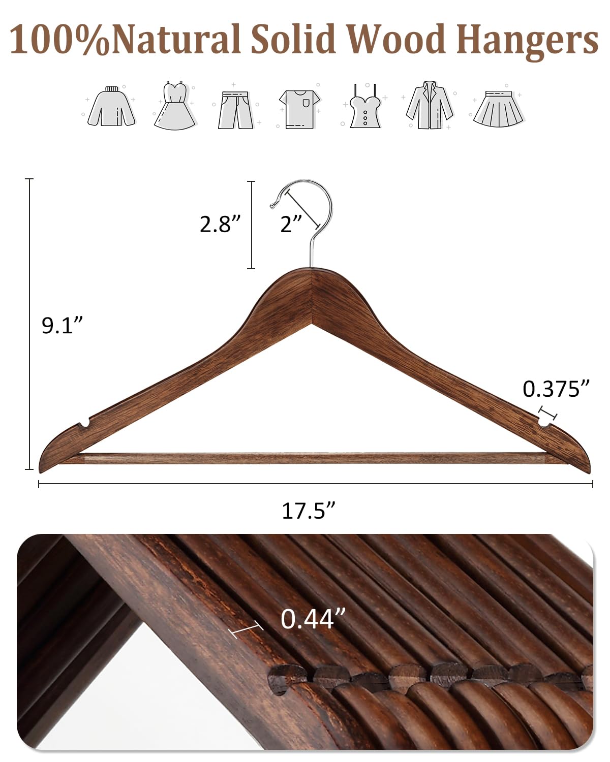 AMKUFO Wooden Hangers 20 Pack Wood Suit Hangers Non Slip Wooden Coat Hangers with Smooth Fnish Cut Notches 360? Swivel Hook Clothes Hangers for Jeans Pants Jackets Shirts Dresses  Walnut