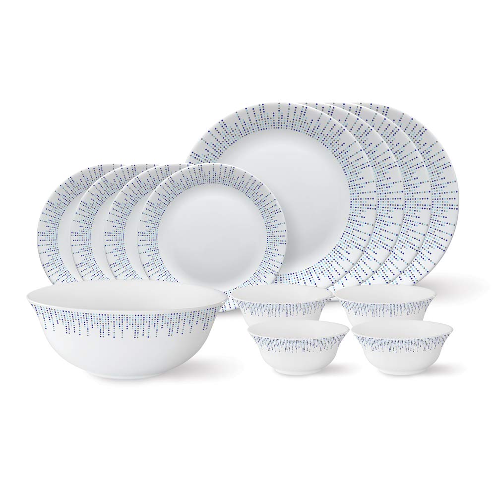Larah By Borosil  Tiara Series, Pulse, 13 Pcs, Opalware Dinner Set, White