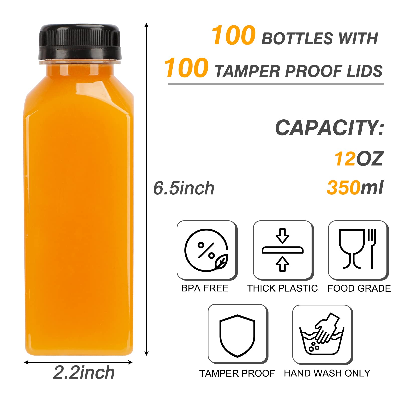 Tomnk 100Pcs Juice Bottles, 12Oz Plastic Bottles With Caps, Reusable Juice Bottles With Caps Clear Bulk Beverage Containers With