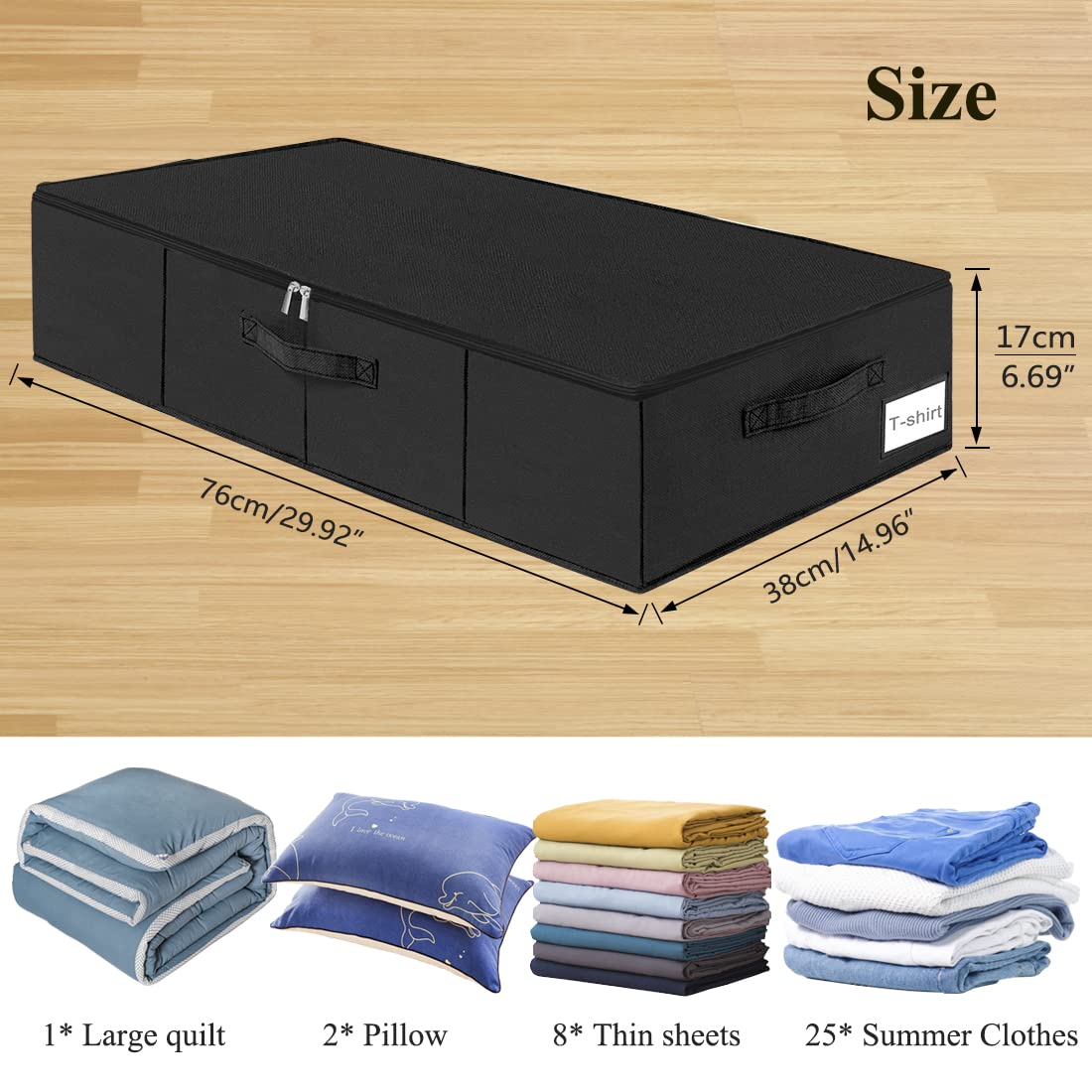 Under Bed Storage, 2 Pack Underbed Storage Container Bags With Lid, Foldable Sturdy Clothes Storage Drawer Organizer W/ 3 Handle