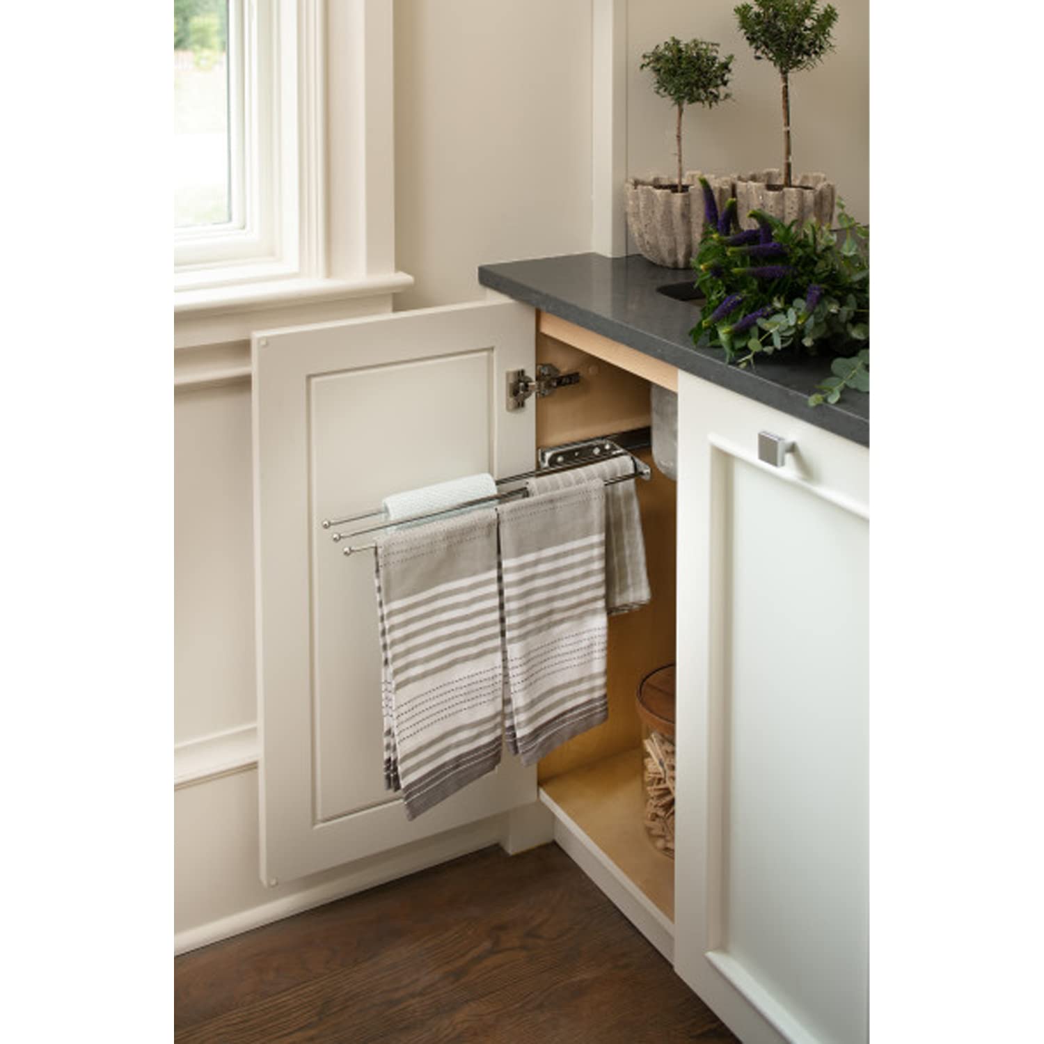 Rev-A-Shelf Under Sink Hand Towel Holder For Kitchen And Bathroom Cabinets, Pullout Extension 3 Prong Wire Dish Rag Rack Hanger,