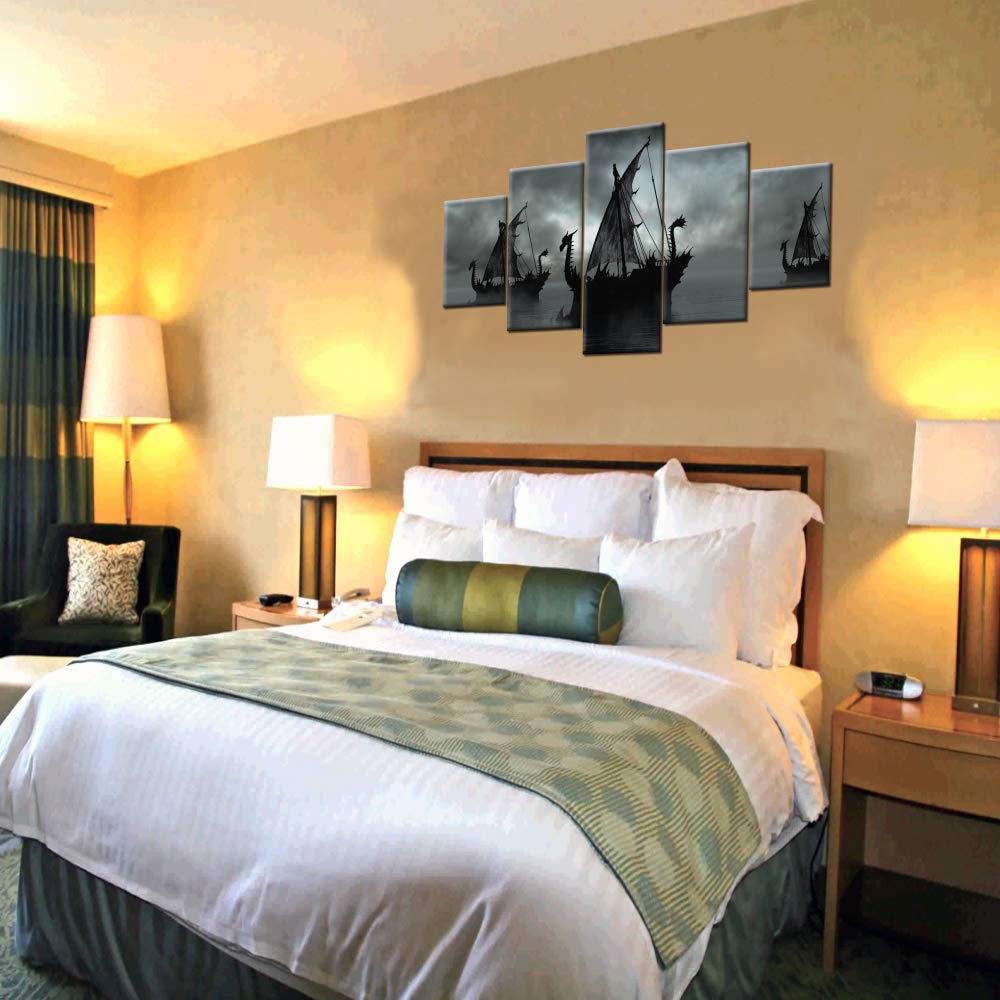 Norse Decor Black And White Painting Vikings Ship Artwork Fantasy Sailing Boat Pictures For Living Room Home 5 Panel Dragon Canv
