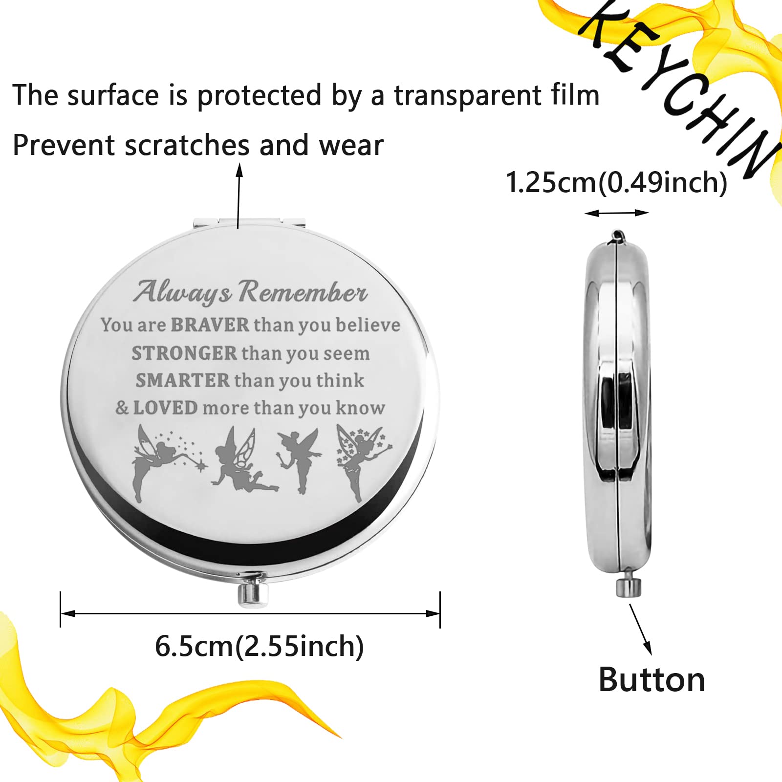 Keychin Fairy Tale Pocket Mirror Fairy Pixie Cartoon Fans Gifts You Are Braver Stronger Smarter Than You Think Compact Makeup Mi