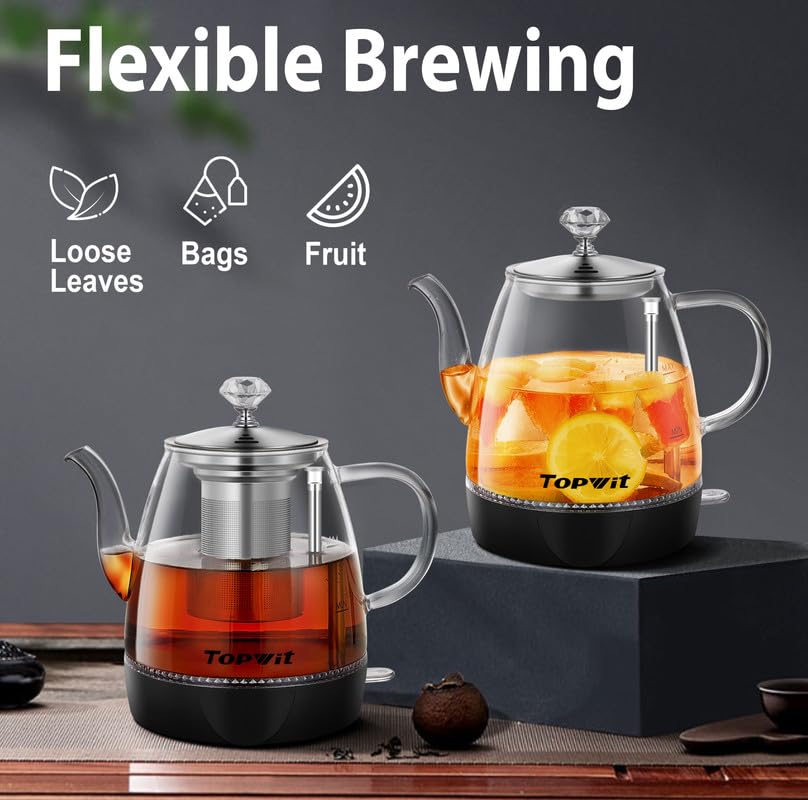 Topwit Electric Kettle Glass  For Hot Water  Tea and Coffee Dual Purpose Design  BPA-Free  1L Pour Over Removable Stainless Steel Infuser  Auto-shut Off & Boil-dry Protect