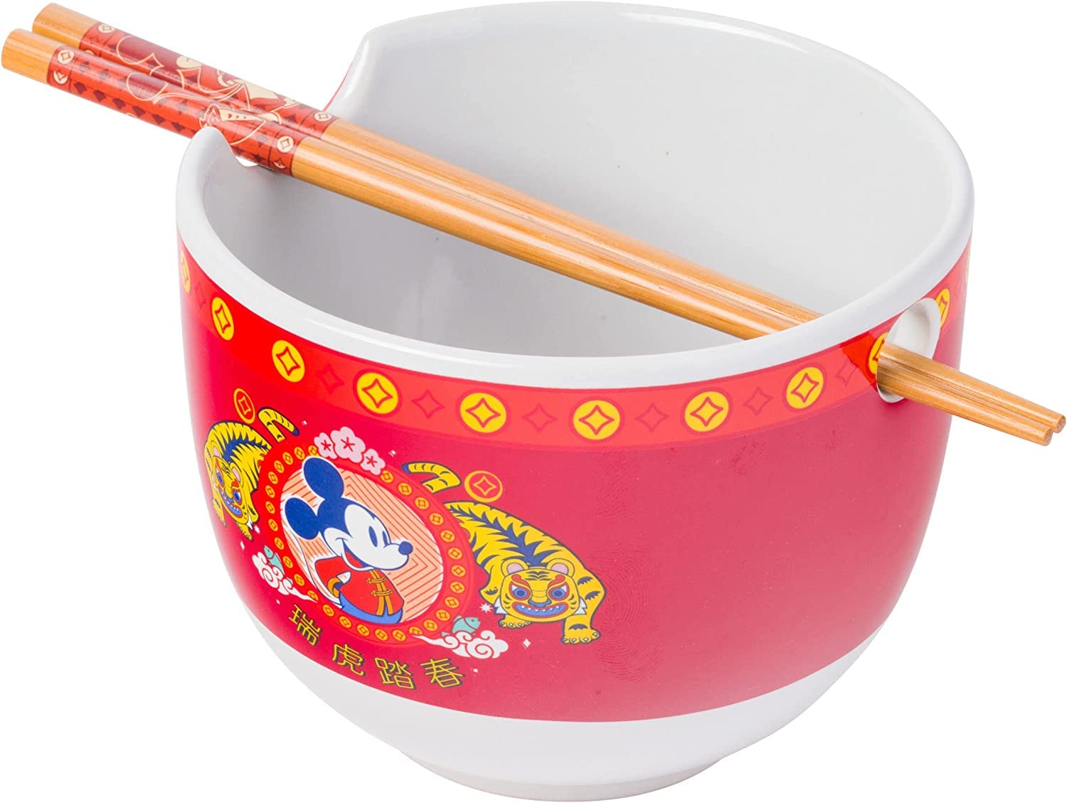 Silver Buffalo Disney Mickey Mouse Lunar Chinese New Year Tiger Ceramic Ramen Noodle Rice Bowl With Chopsticks, Microwave Safe,