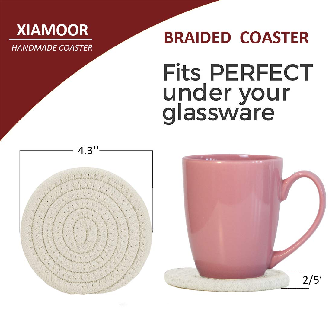 Absorbent Drink Coasters Handmade Braided Drink Coasters 6 Pack (4.3 Inch  Round  8mm Thick) Super Absorbent Heat-Resistant Coasters for Drinks Great Housewarming Gift (Beige  6 Pack)