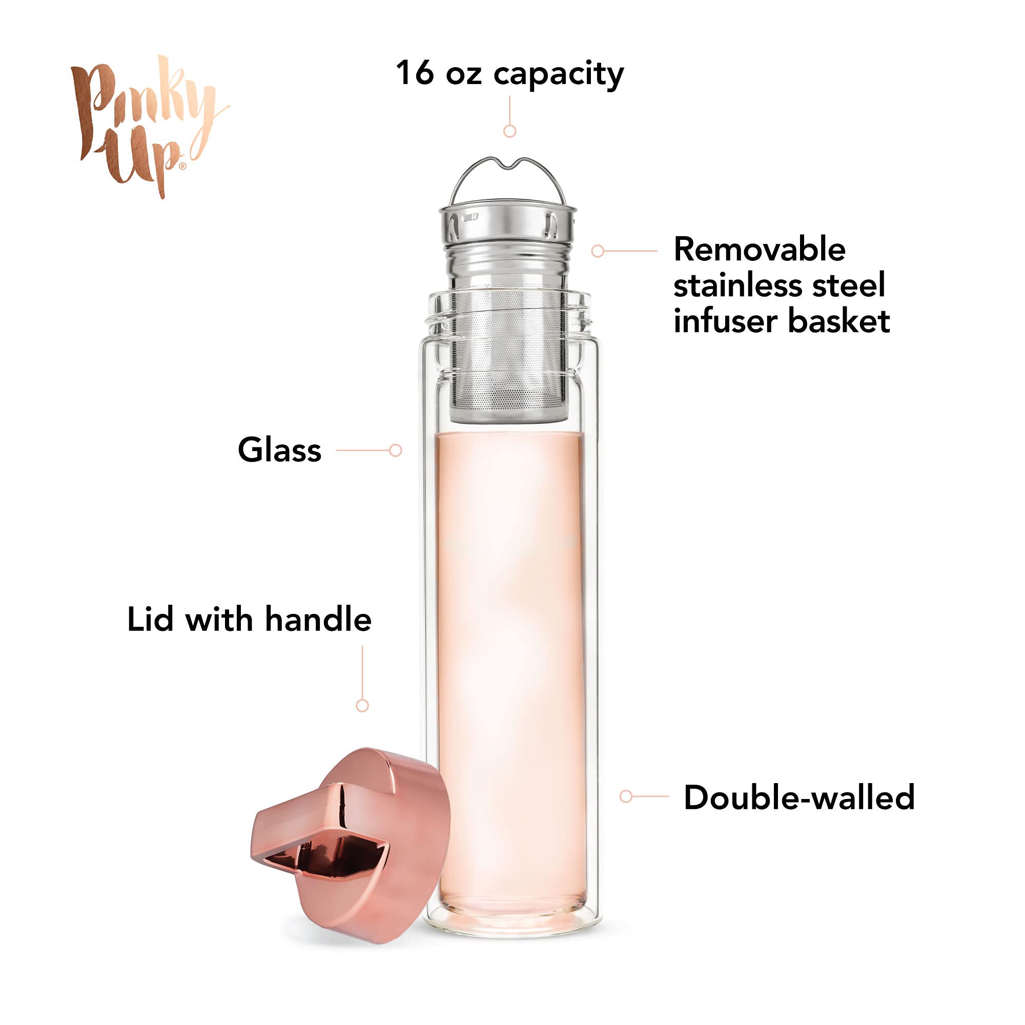 Pinky Up Dylan Travel Tea Infuser Mug, 16 oz Double Walled Insulated, Rose Gold, with Loose Leaf Strainer