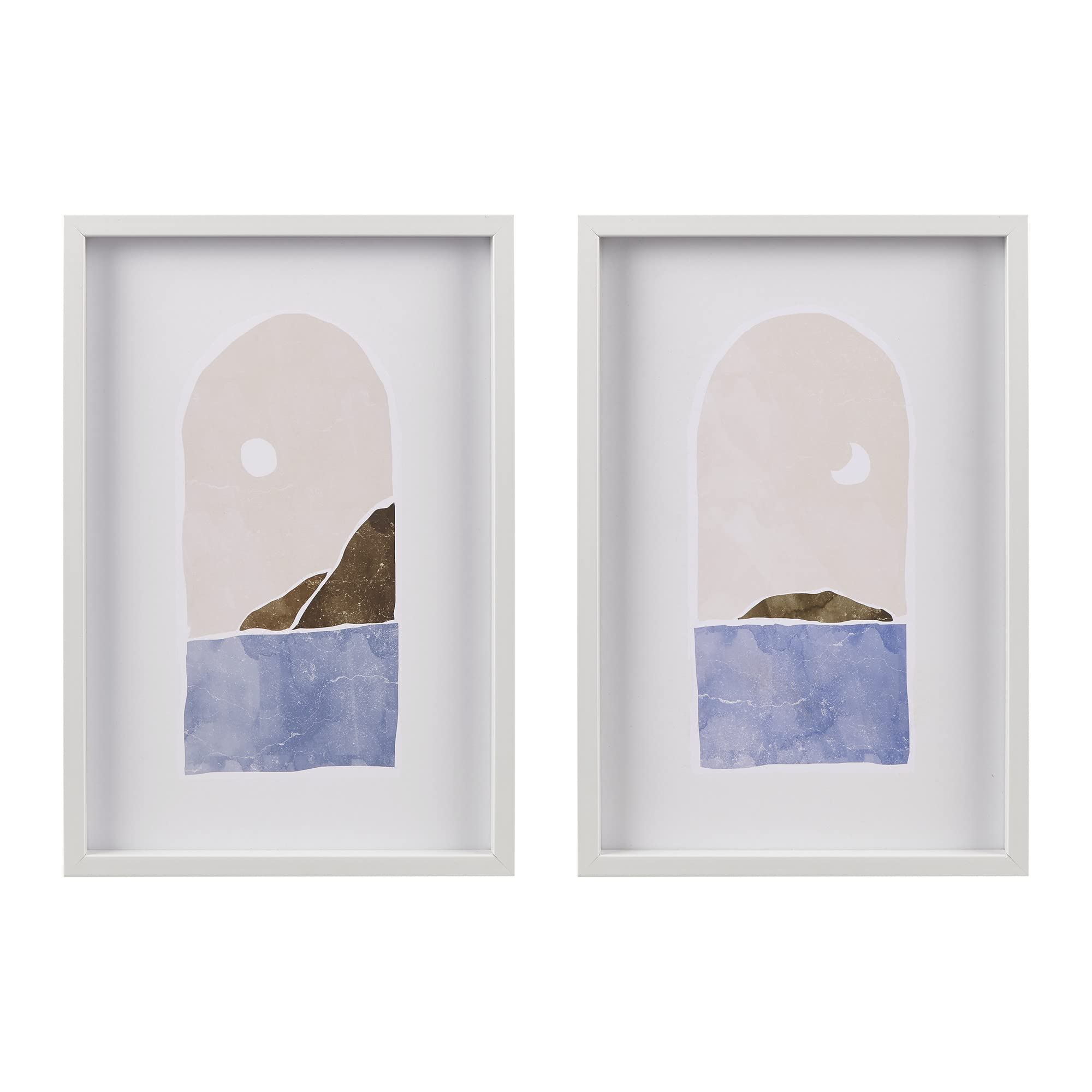 Intelligent Design Island Views Coastal Shadow Box Wall Art - Pastel Ocean Painting Printed, White Wood Framed Calming Sea, Bed,
