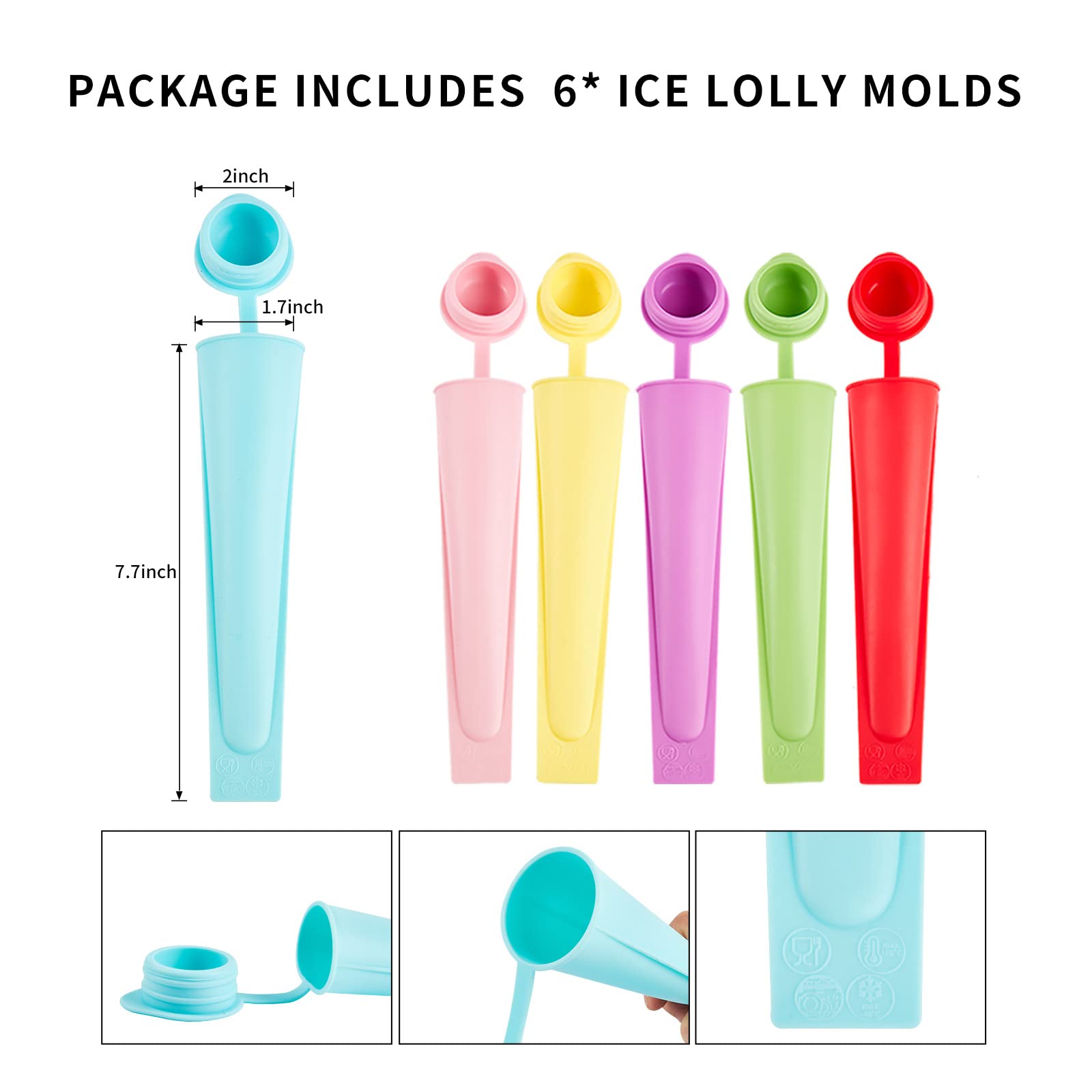 6 Pcs Popsicles Molds, Silicone Ice Pop Molds For Kids, Reusable Freezer Pop Tubes, Multi-Color Ice Pop Mold, Frozen Ice Popsicl