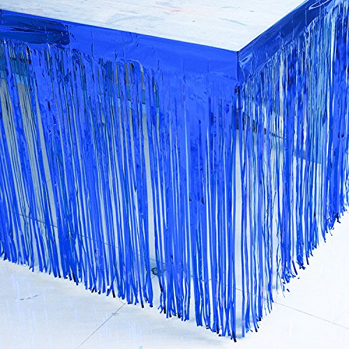 2 Packs Metallic Foil Fringe Table Skirt 29X108-Inch Roayl Blue Tinsel Table Skirts For Rectangle Tables