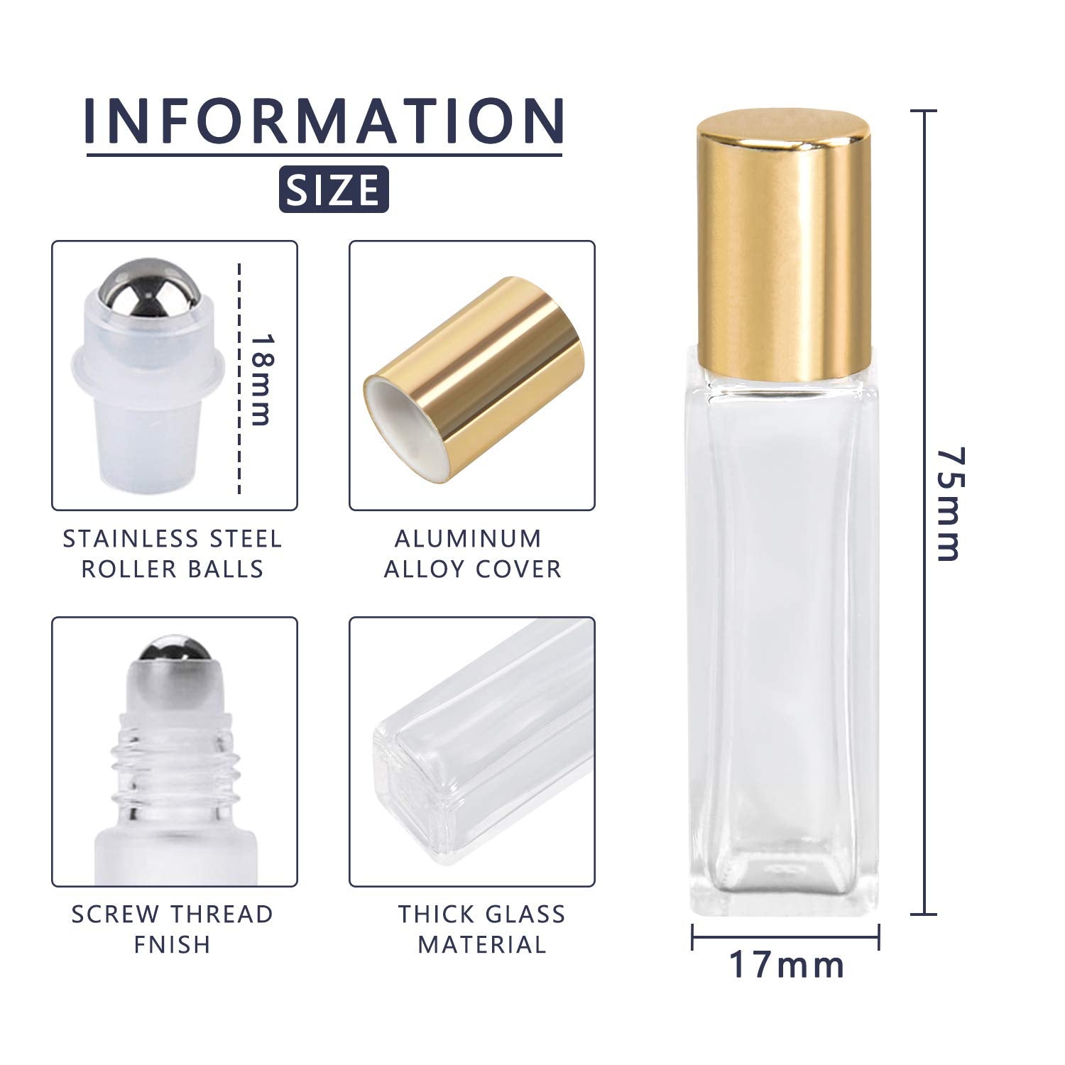 Wifreo Perfume Essential Oil Bottles, Square Refillable Thick Glass Roller Bottle, 4 Pack 1/3Oz 10Ml