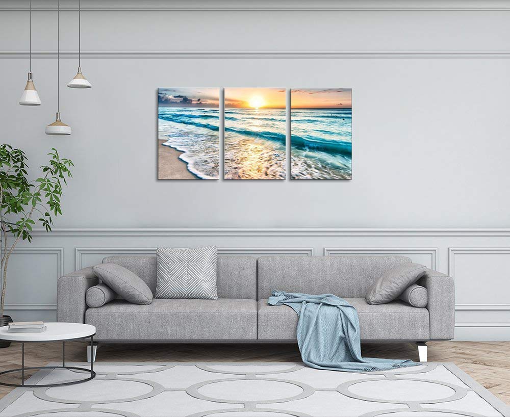 Tutubeer 3 Panel Canvas Wall Art For Home Decor Blue Sea Sunset White Beach Painting The Picture Print On Canvas Seascape The Pi