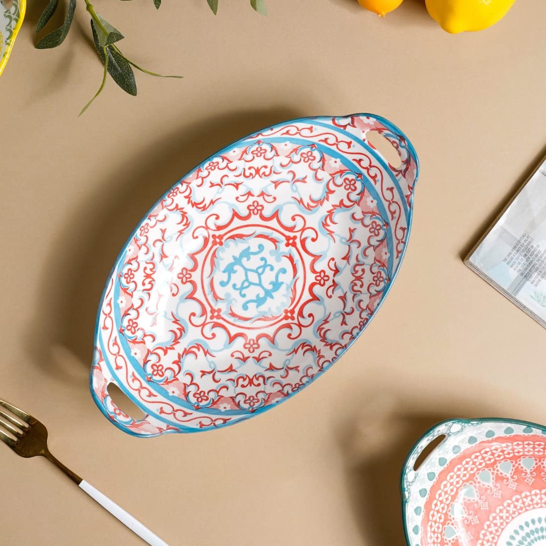 Nestasia Red and Blue Mandala Ceramic Long Dish with Handles for Serving Snacks, Appetizers, Salads, and Noodles| Microwave Safe