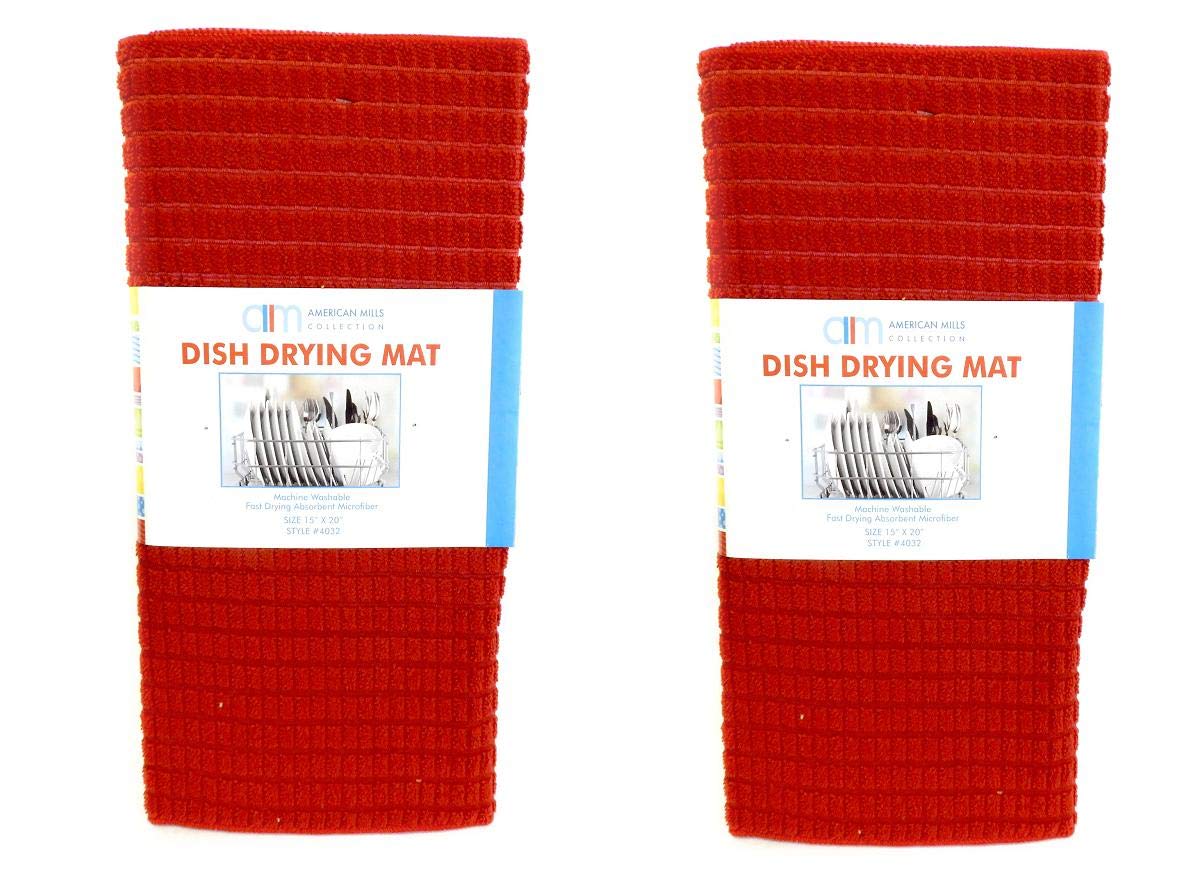 American Mills 2 Pack Embossed Ultra Absorbent Kitchen Microfiber Dish Drying Mat (Red)